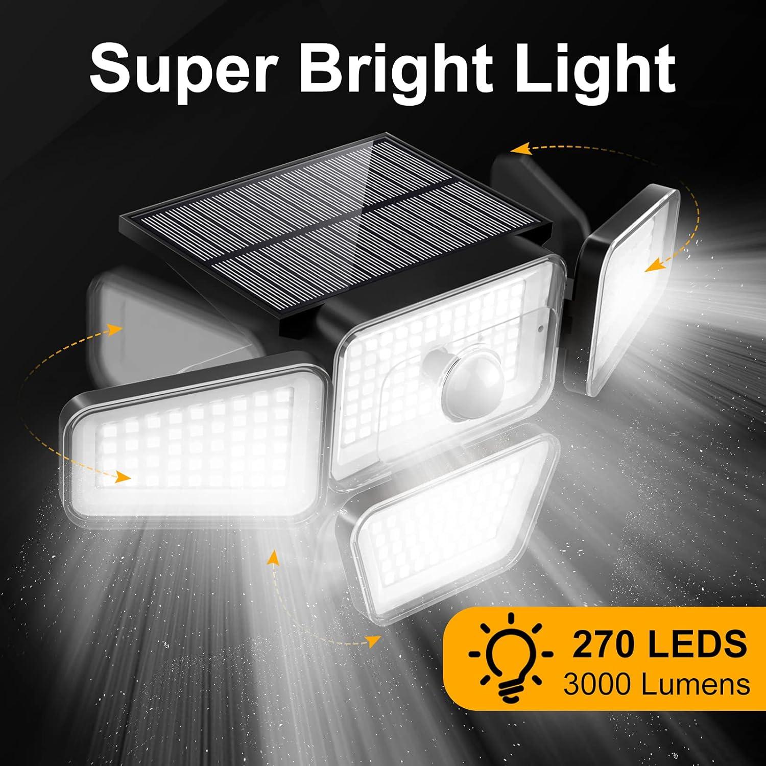 Solar Lights Outdoor, 270 LED 3000LM Motion Sensor Light, IP65 Waterproof 4 Heads 3 Modes 330°Wide Angle 6500K Solar Powered Security LED Wireless Flood Lights Luces Solares para Exteriores (2 Pack)
