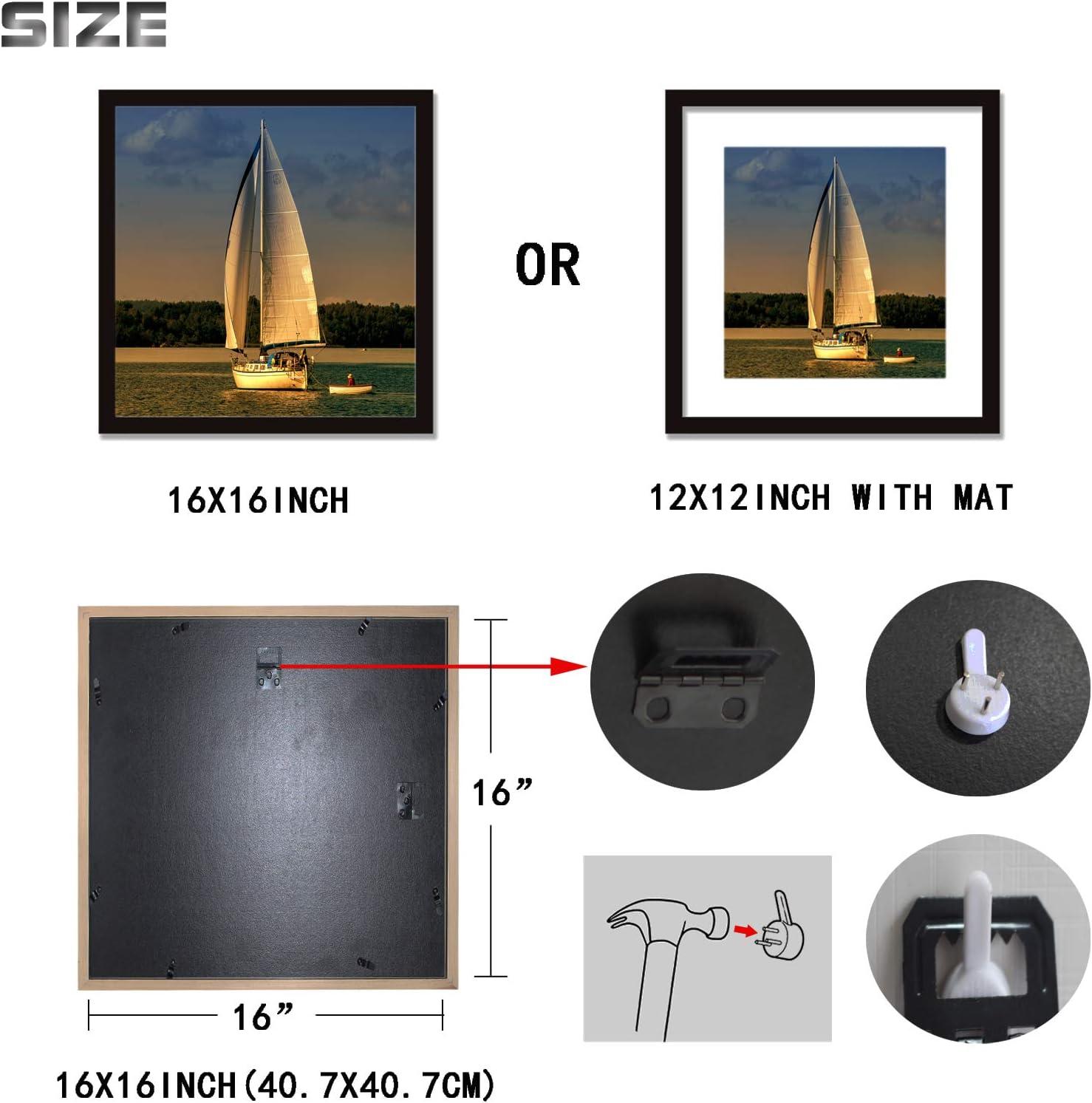16x16 Frame Black With Mat 12x12 Solid Wood Picture Frames Wall Mounting (1 pack, 16x16 Inch)…