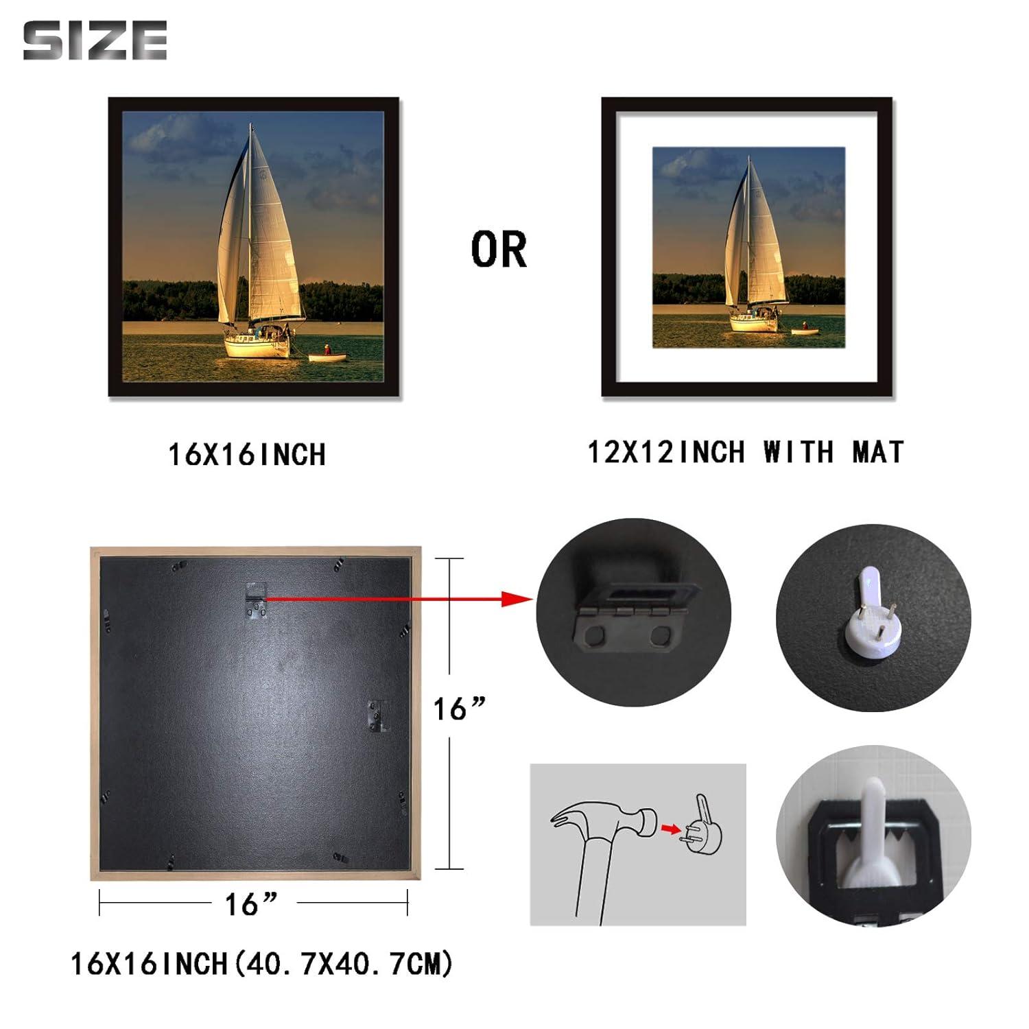 16x16 Frame Black With Mat 12x12 Solid Wood Picture Frames Wall Mounting (1 pack, 16x16 Inch)…