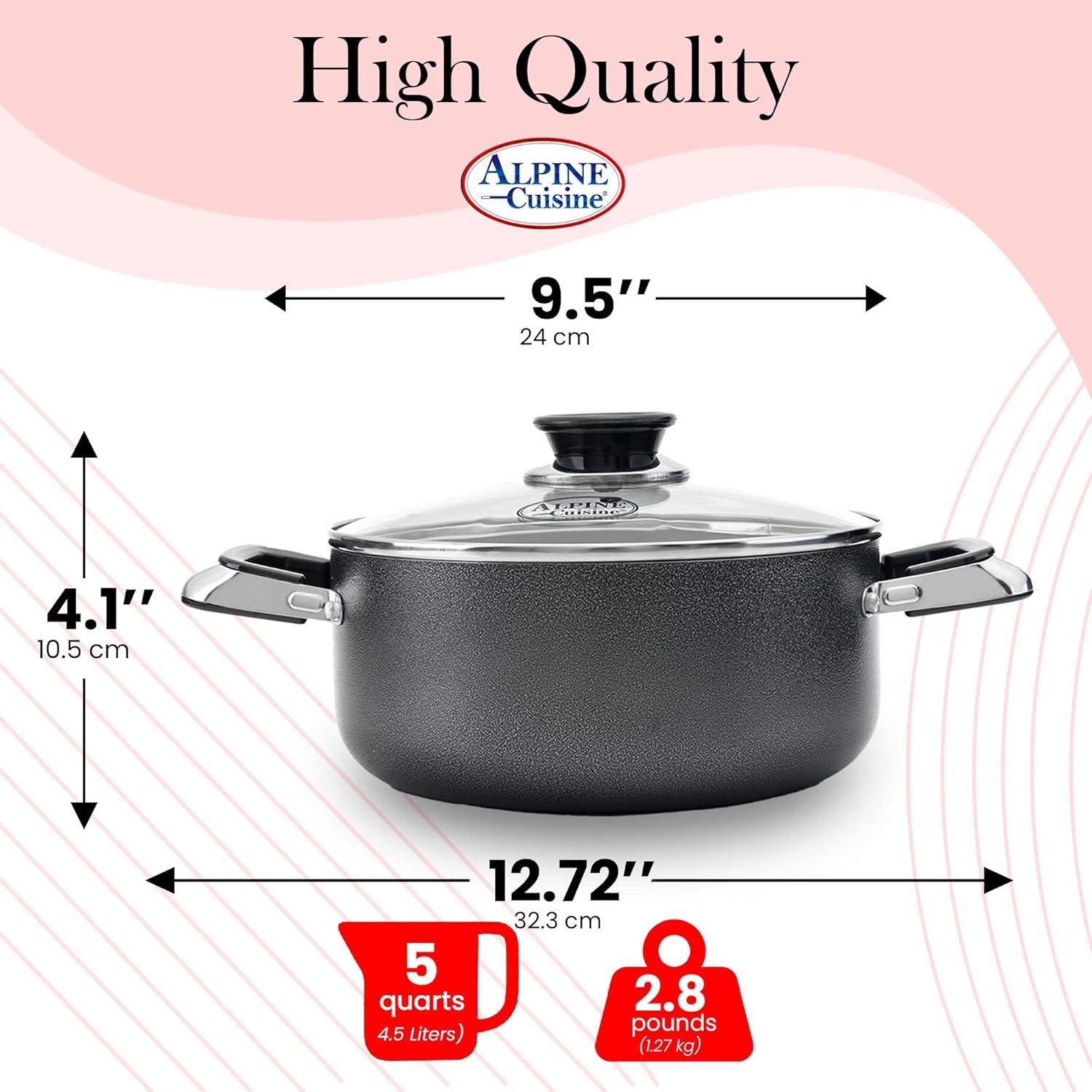 Alpine Cuisine 5 Quart Black Aluminum Non-stick Dutch Oven with Glass Lid