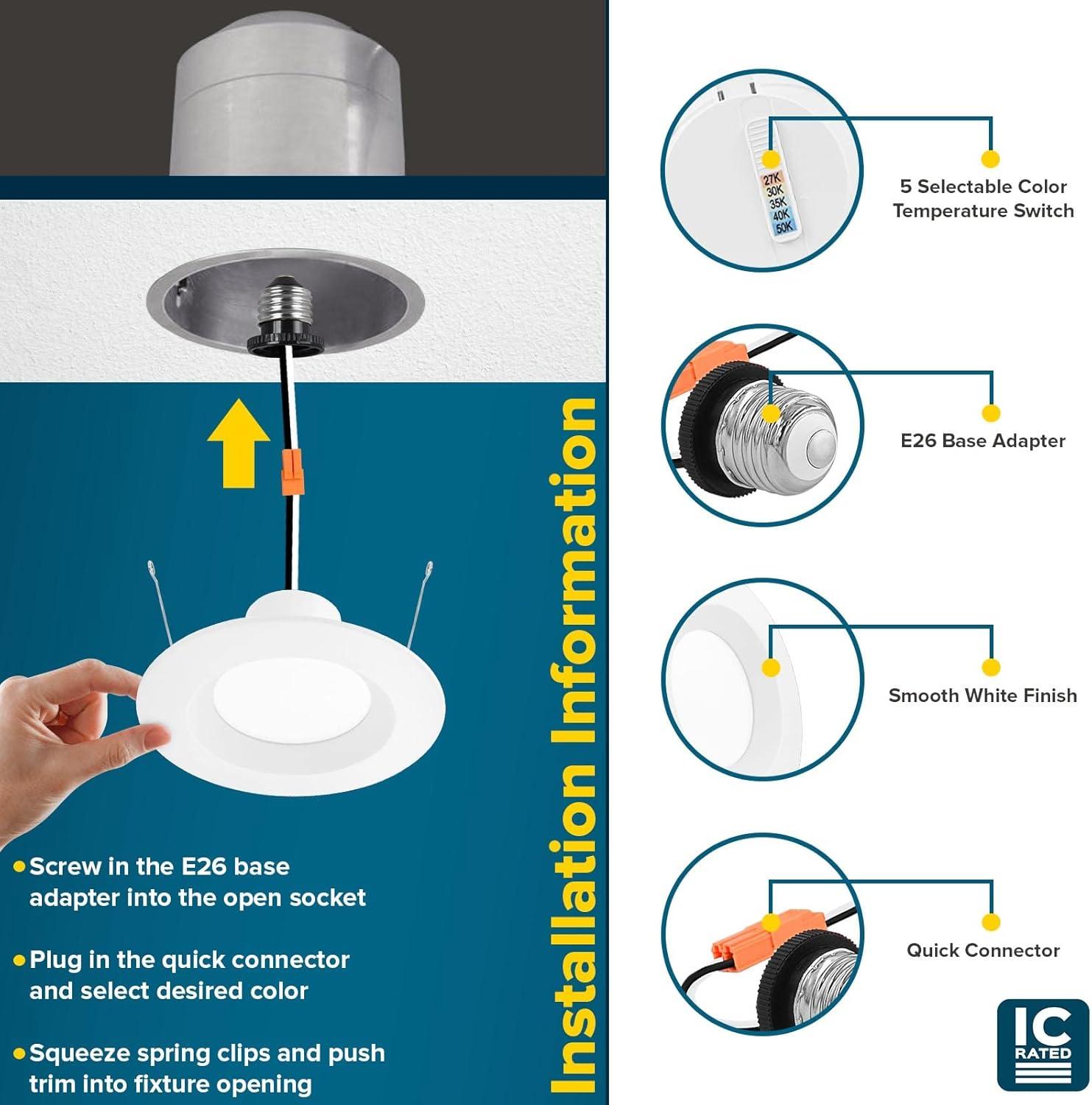 6'' Selectable Color Temperature Dimmable Air-Tight IC Rated LED Retrofit Recessed Lighting Kit