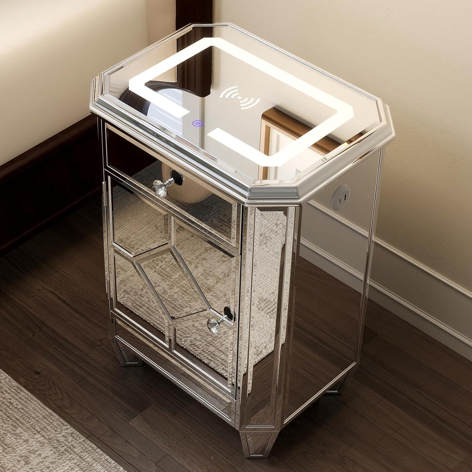 COSVALVE 3 Drawers Mirrored Nightstand Silver Glass Crystal Design Rectangle End Table with Wireless Charging Station, LED Lights, Charge USB Port