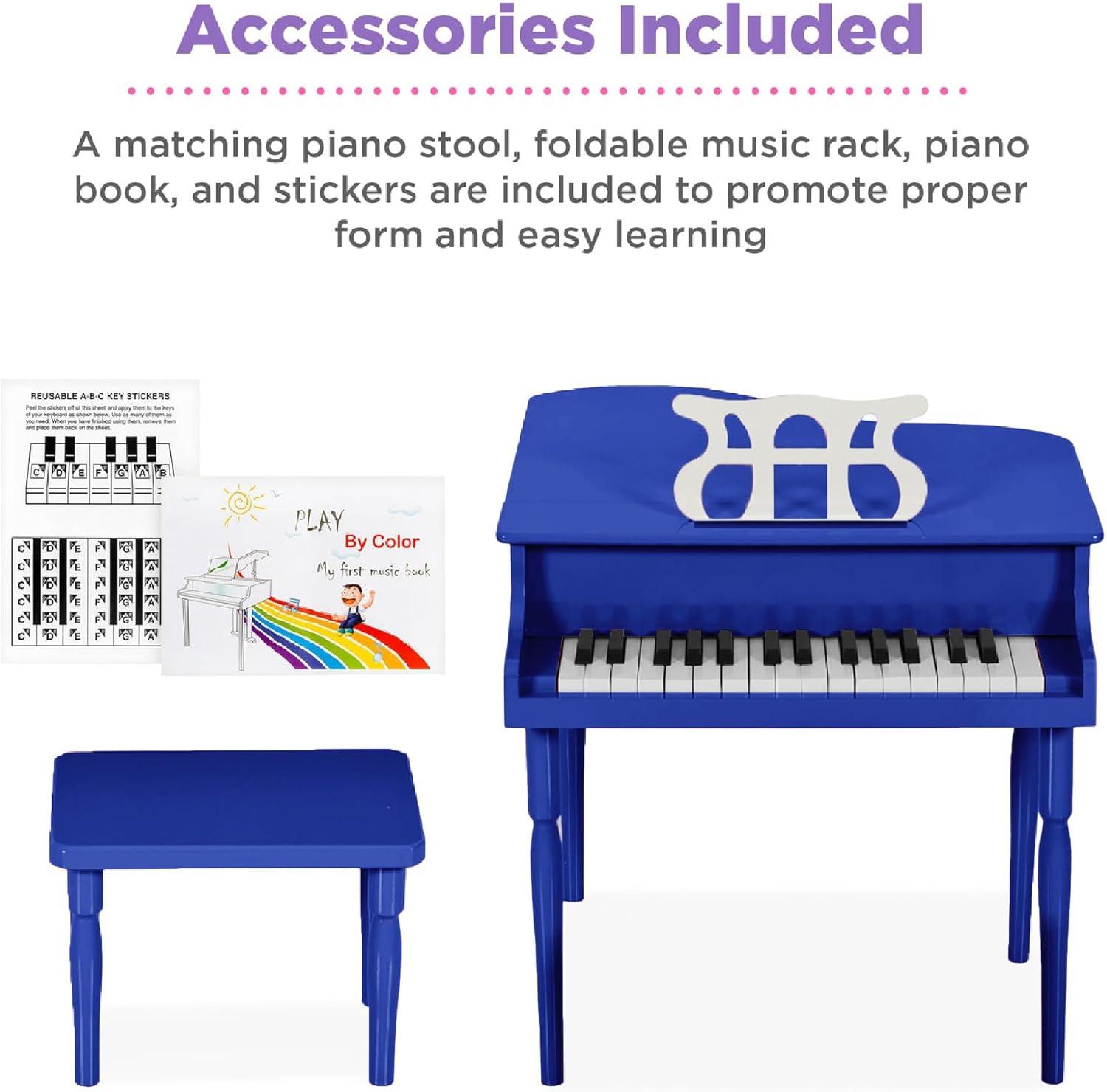 Best Choice Products Kids Classic 30-Key Mini Piano w/ Lid, Bench, Folding Music Rack, Song Book, Stickers - Dark Blue