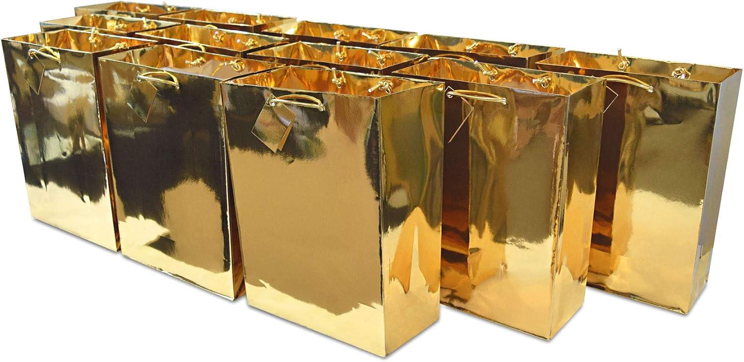10x13x5" 12 Pcs. Large Metallic Gold Paper Gift Bags with Metallic Handles, Party Favor Bags for Birthday Parties, Weddings Gifts C8