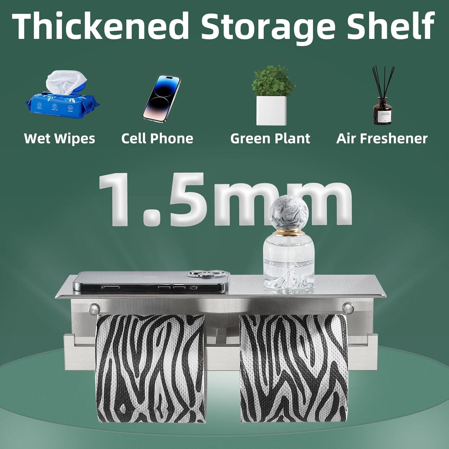 Double Toilet Paper Holder with Shelf Brushed Nickel, Modern Bathroom Accessories SUS 304 Stainless Steel Commercial Tissue Roll Dispenser Mobile Phone Storage Rack Handy Use