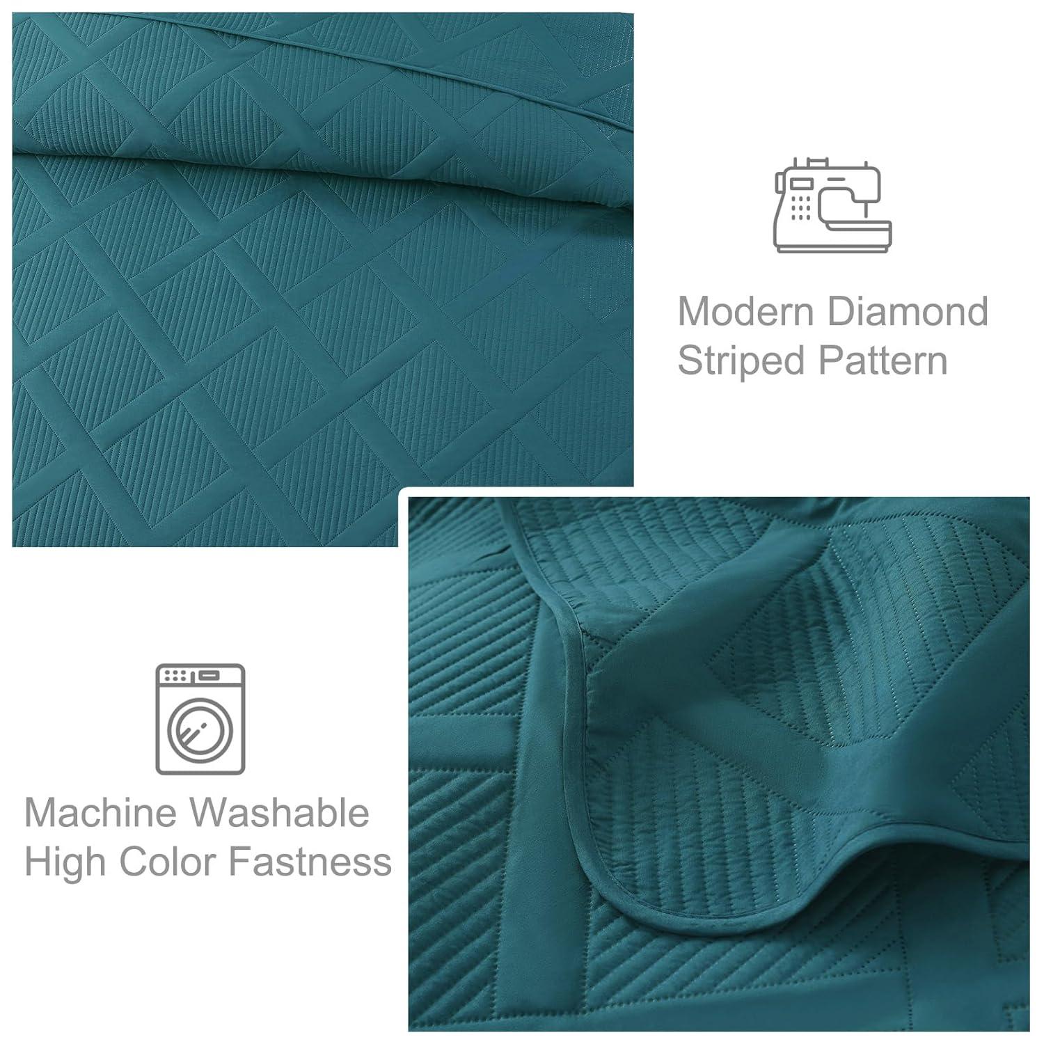 Exclusivo Mezcla Ultrasonic King Quilt Set, 3-Piece Lightweight Bedspreads Modern Striped Coverlet, Teal