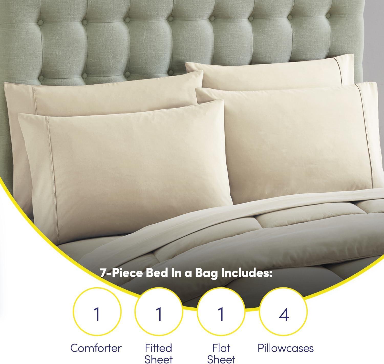 Bed-in-A-Bag Solid Color Comforter & Sheet Set Soft All Season Bedding, Queen, Beige