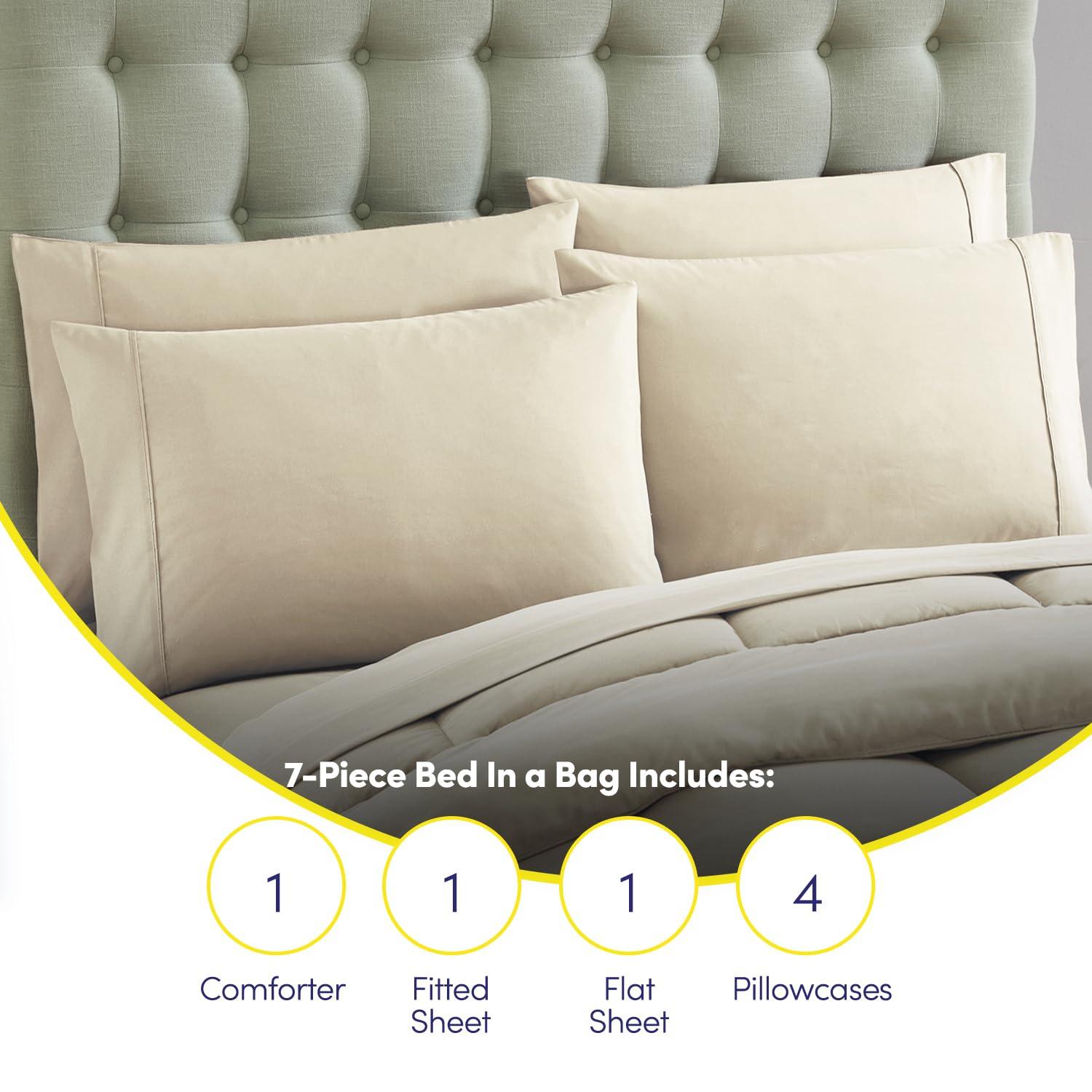 Bed-in-A-Bag Solid Color Comforter & Sheet Set Soft All Season Bedding, Queen, Beige