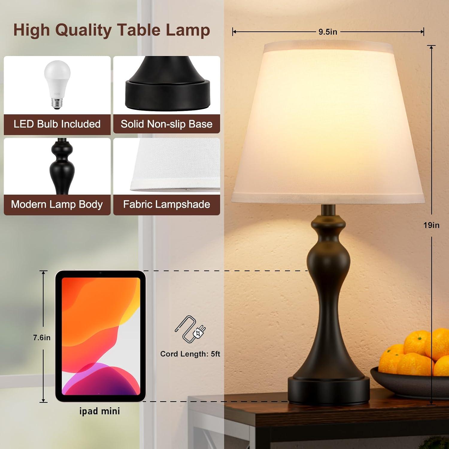 Black Touch Table Lamps with Light Oat Fabric Shades, Set of 2