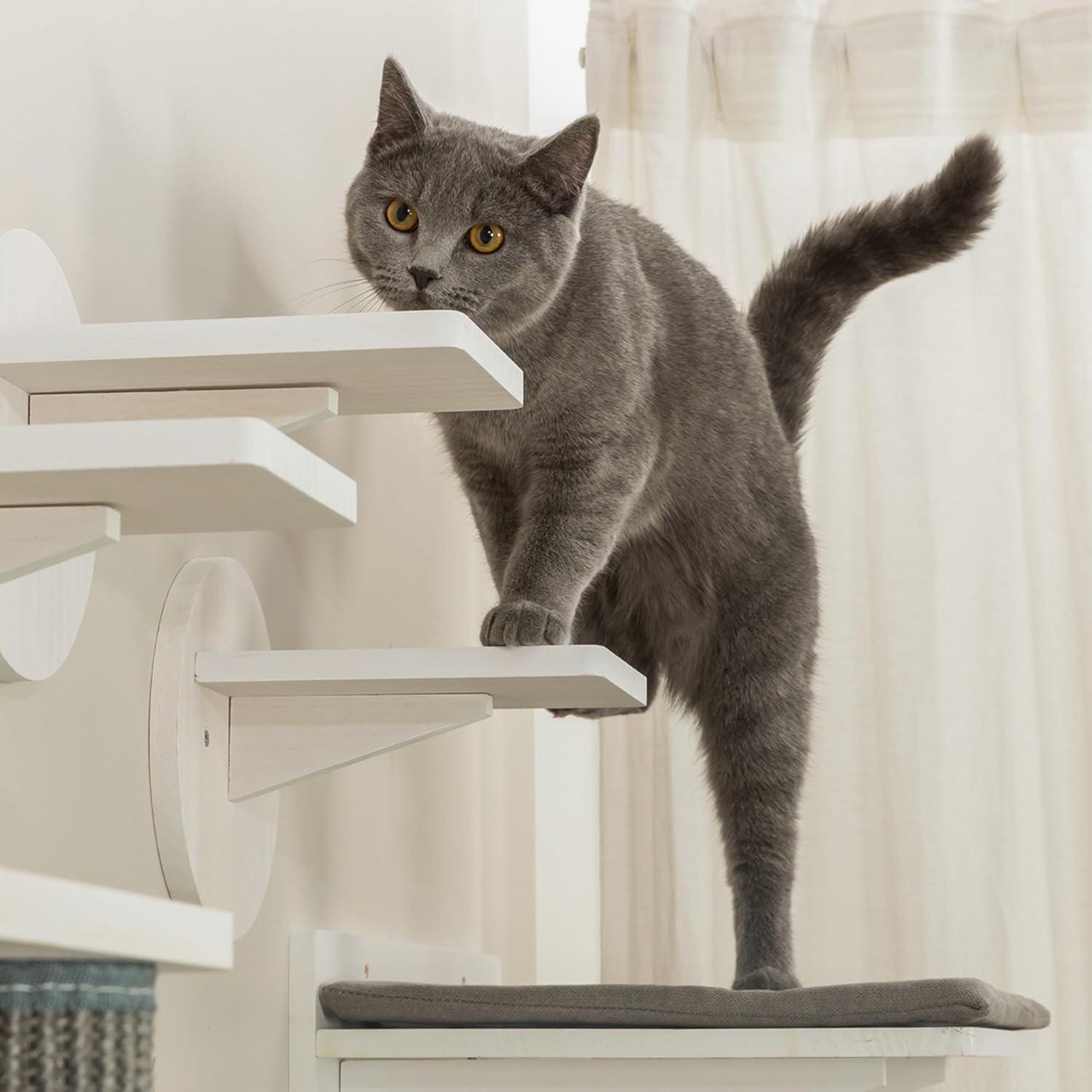 TRIXIE Wall Set 6 Wall Mounted Cat Climbing System, 3 Scratching Posts Goes Around Corners, 3 Platforms, 1 Step