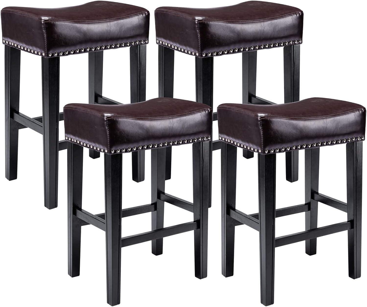 Bar Stools Set of 2, 26" Faux PU Leather Upholstered Counter Height Backless Saddle Stools with Nailhead Trims and Solid Wood Legs Farmhouse Island Chairs for Kitchen Dining Room Pub, Gray
