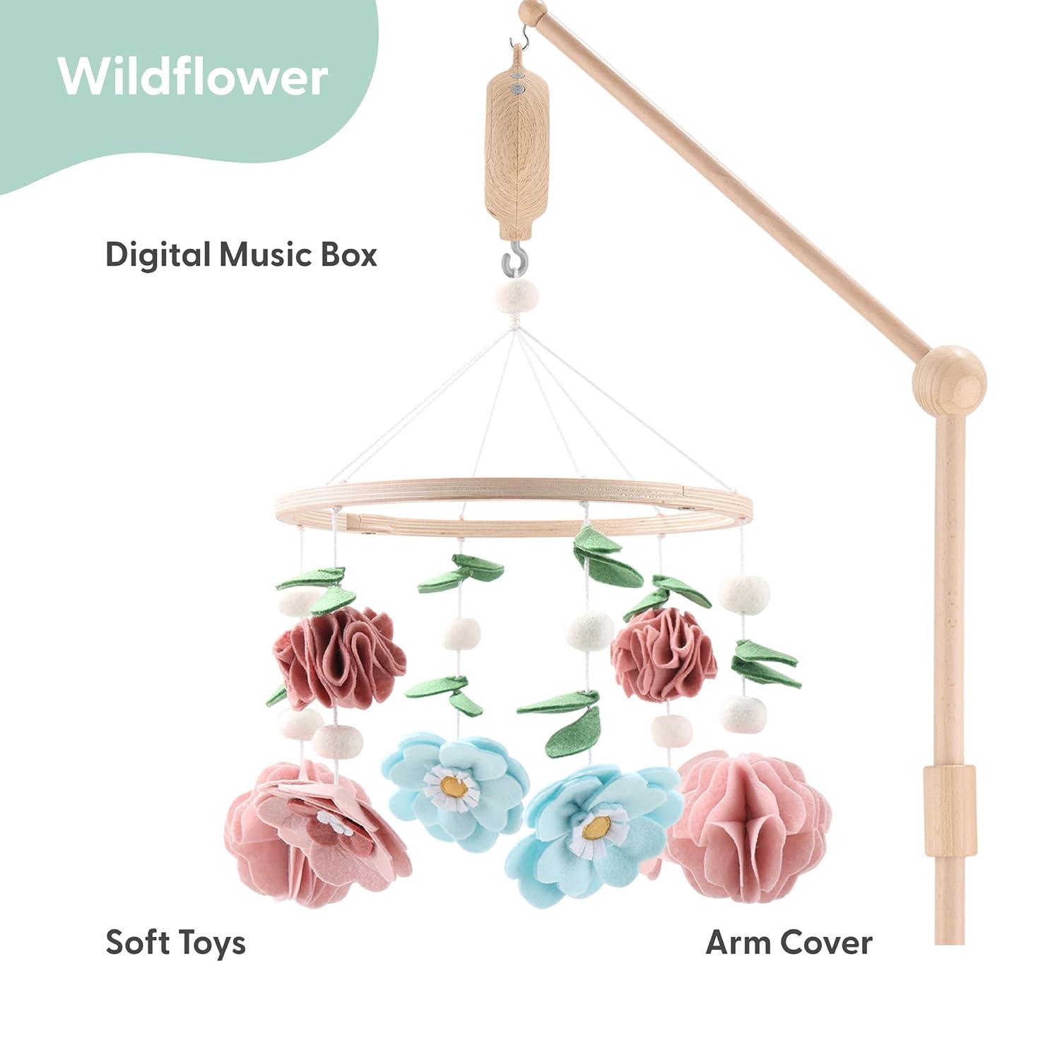 The Peanutshell Deluxe Wooden Crib Mobile Set with Arm, Music Box and Wildflower Baby Mobile, Pink
