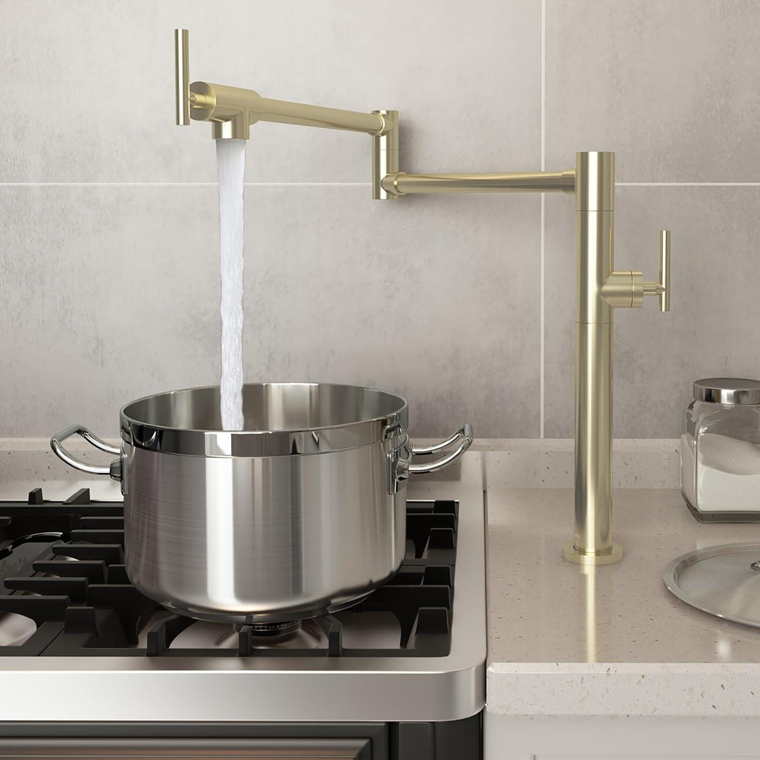 Pot Filler Faucet Wall Mount Kitchen Sink Faucet Stove Pot Filling Faucet with Double Joint Swing Arms Folding Faucet, Solid Brass Material, Lead-Free, Single Hole, Brushed Gold