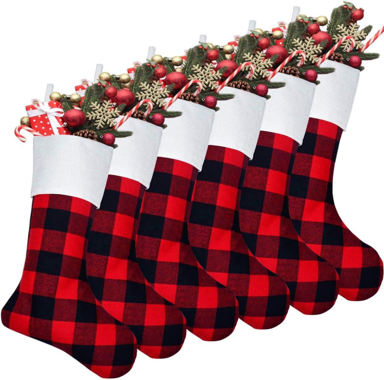 18-Inch Red and Black Buffalo Plaid Christmas Stockings with Plush Cuff, Set of 6