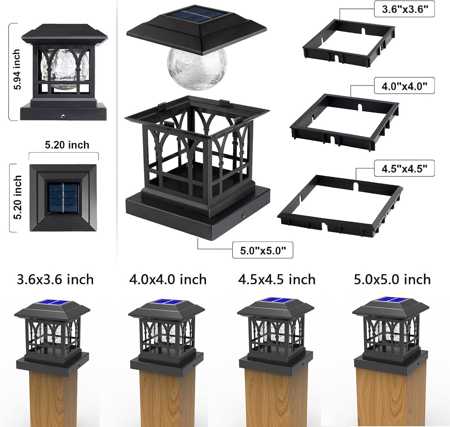 Black Solar LED Post Cap Lights with Crackle Glass, 6 Pack