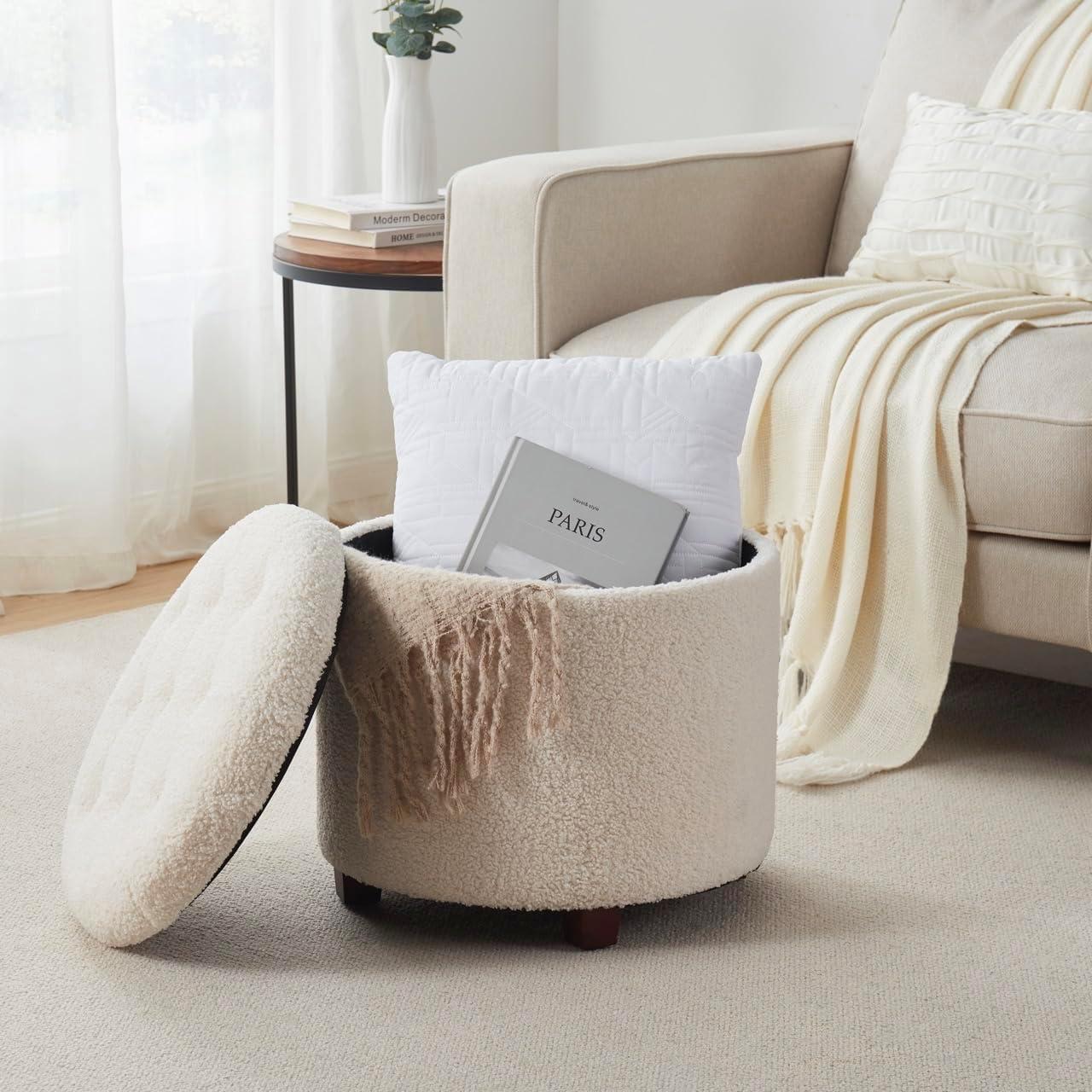 Ornavo Home Faux Leather Upholstered Round Tufted Storage Ottoman with Wooden Legs - Cognac