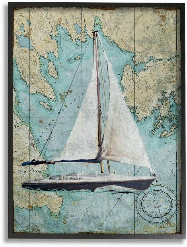 Stupell Industries Vintage World Map Sail Boat Ocean Coast Painting Framed Giclee Texturized Art by Art Licensing Studio