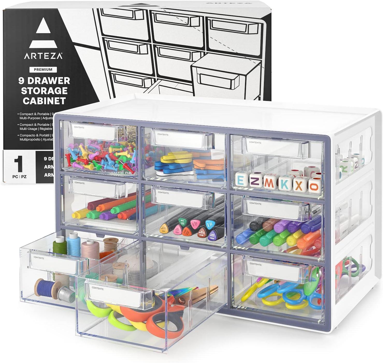 Arteza 9-Drawer Multipurpose Semi-Clear Storage Cabinet in Gray