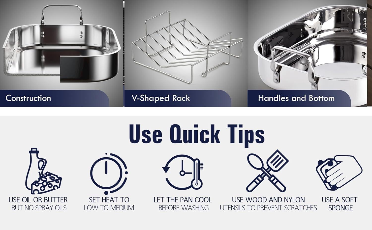 Stainless Steel 16x13 Roaster Pan with V-Shaped Rack