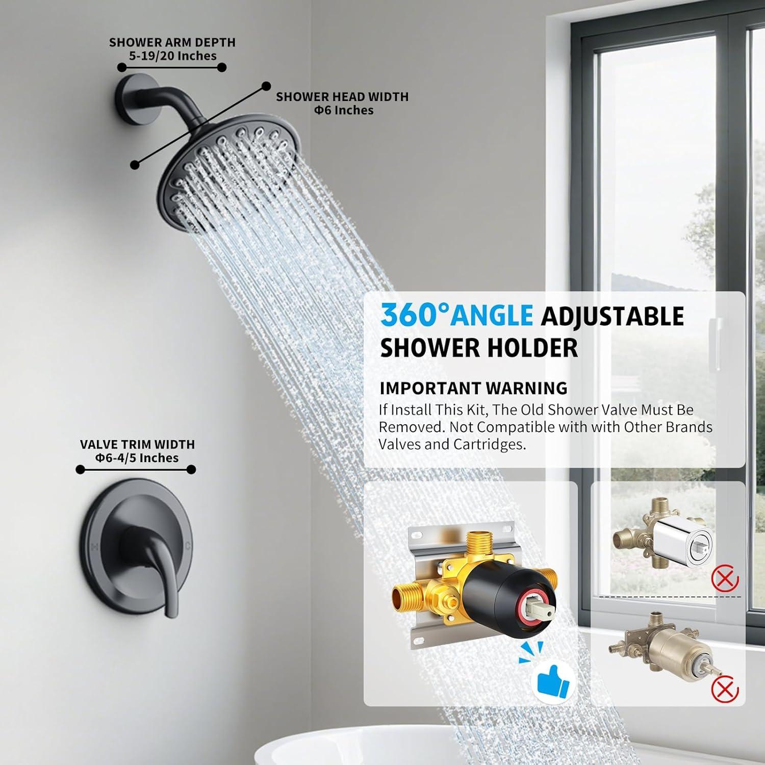 Brushed Nickel Shower Faucet Set, EMBATHER Shower Fixtures with 6 Inch Rainfall Shower Head, Single Handle Control Shower Valve and Trim Kit