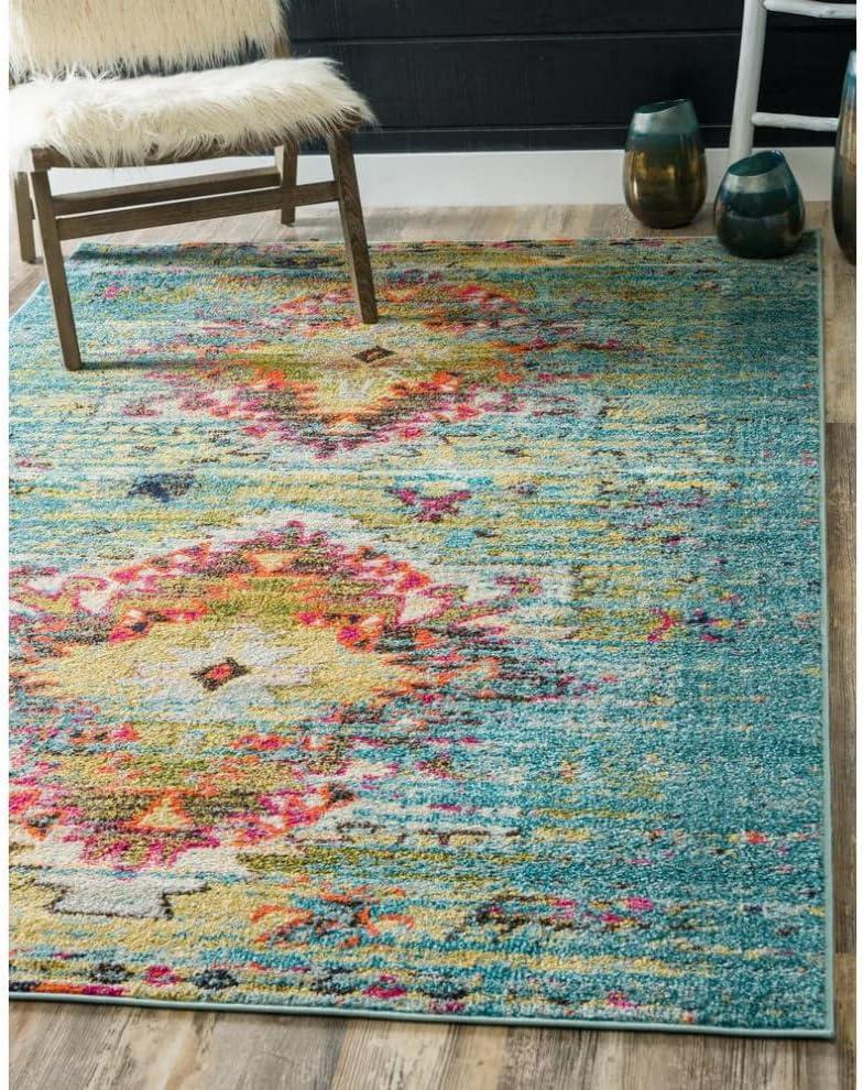 Turquoise and Yellow Over-Dyed Tribal Vintage Rectangular Rug