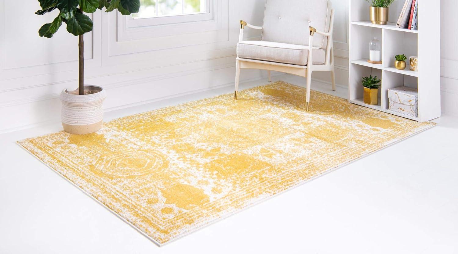 Yellow Geometric Rectangular Easy Care Synthetic Rug 5' x 8'