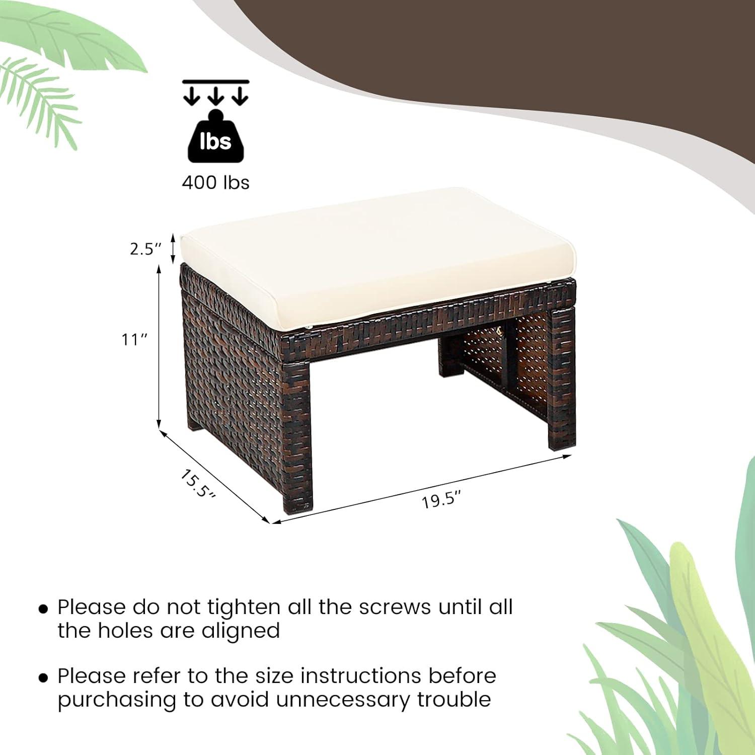 GVN 2 Pieces Patio Rattan Ottomans with Soft Cushion for Patio and Garden-White, Outdoor Footstool Footrest Furniture, All Weather Outdoor Ottomans Footrest Seat