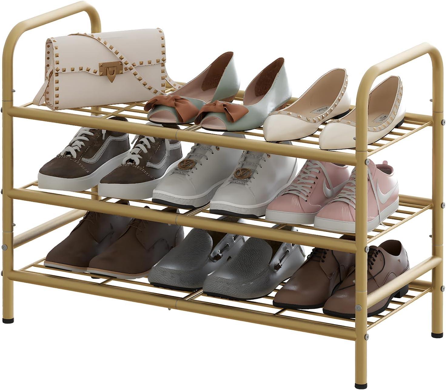 YASONIC Shoe Rack Storage Organizer, 3-Tier Black Shoe Shelf, 24 Pairs, Iron Poles & Plastic Connectors