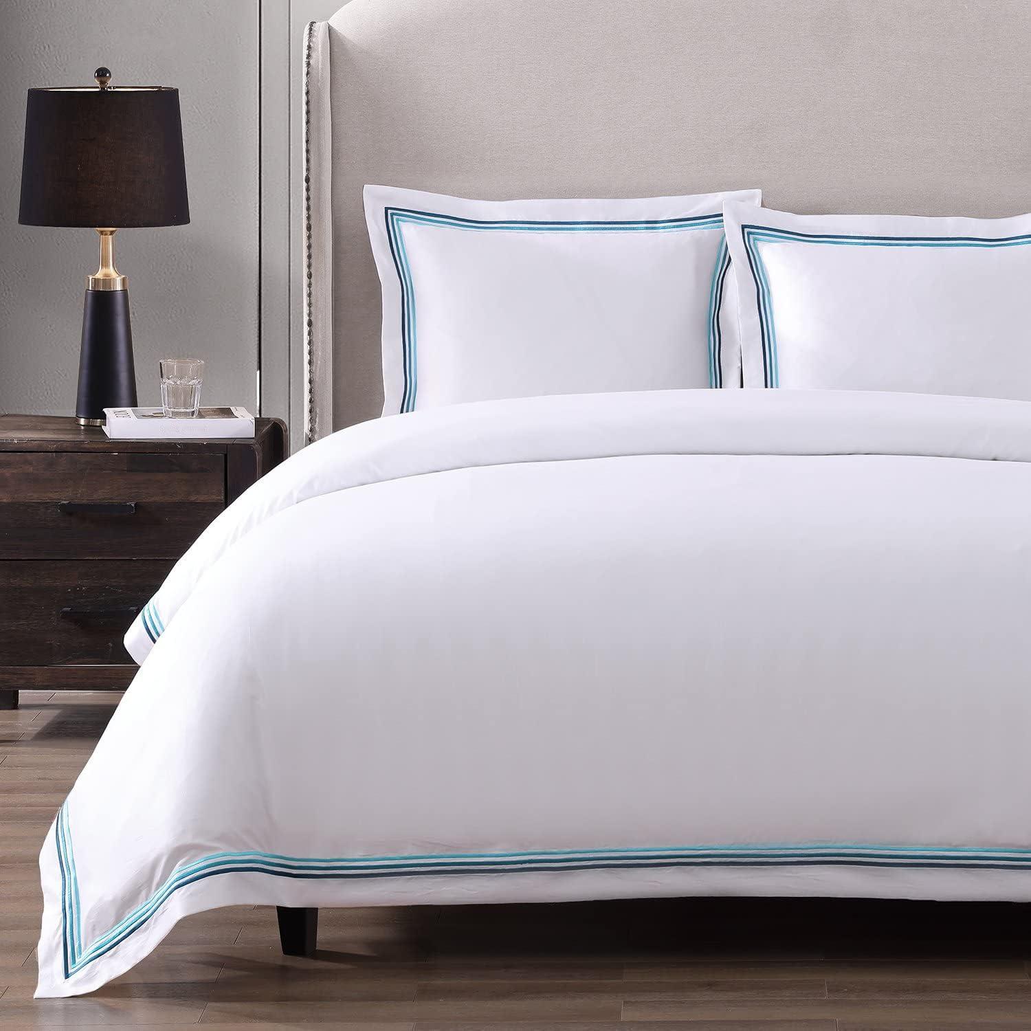 Teal Embroidered White Cotton King/Cal King Duvet Cover Set