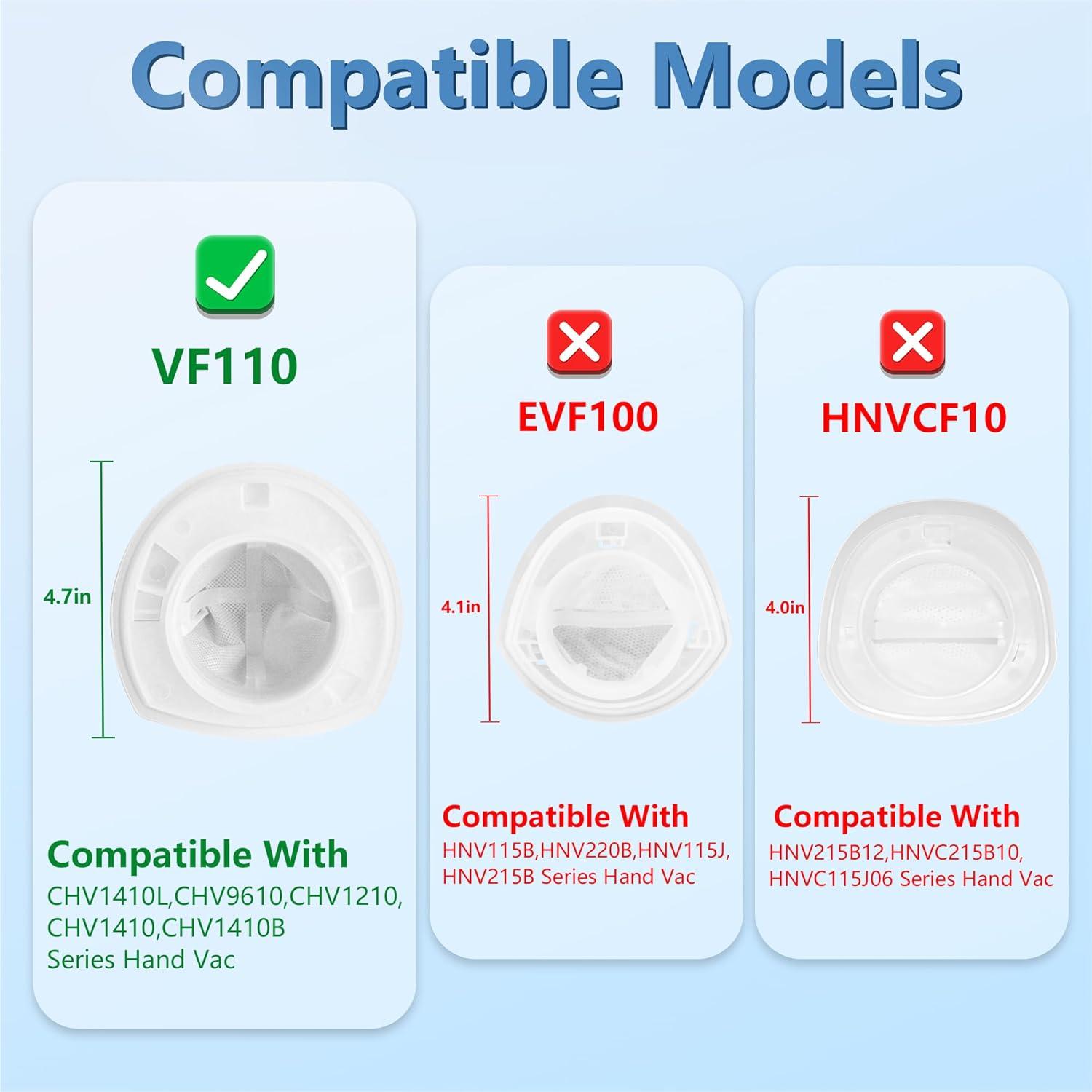 6 Pack Replacement Filter Compatible with Black & Decker Hand Vacuum Cordless Vacuum VF110 CHV1410L, CHV1410, CHV9610, CHV1210, CHV1410B, CHV1510, BDH2000L