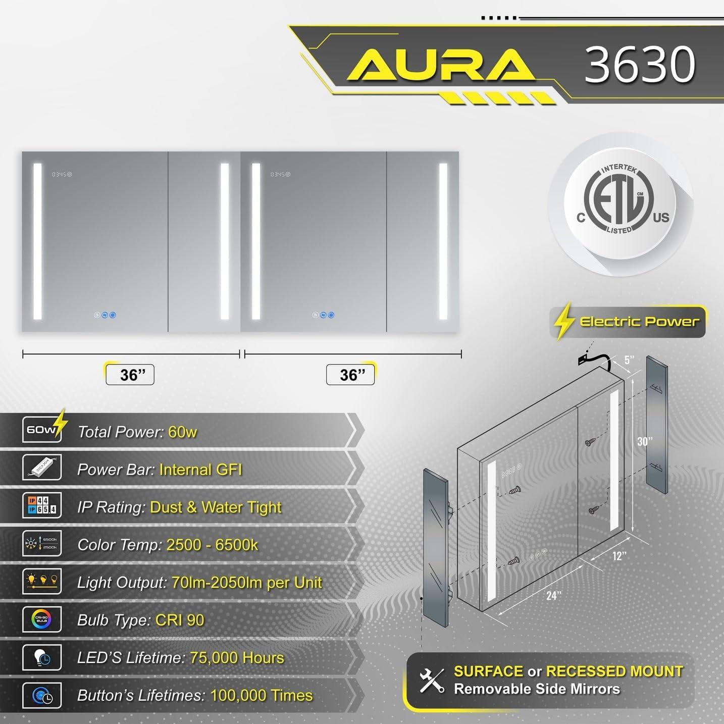 Aura 36x30 LED Mirror Medicine Cabinet with Defogger and USB Ports