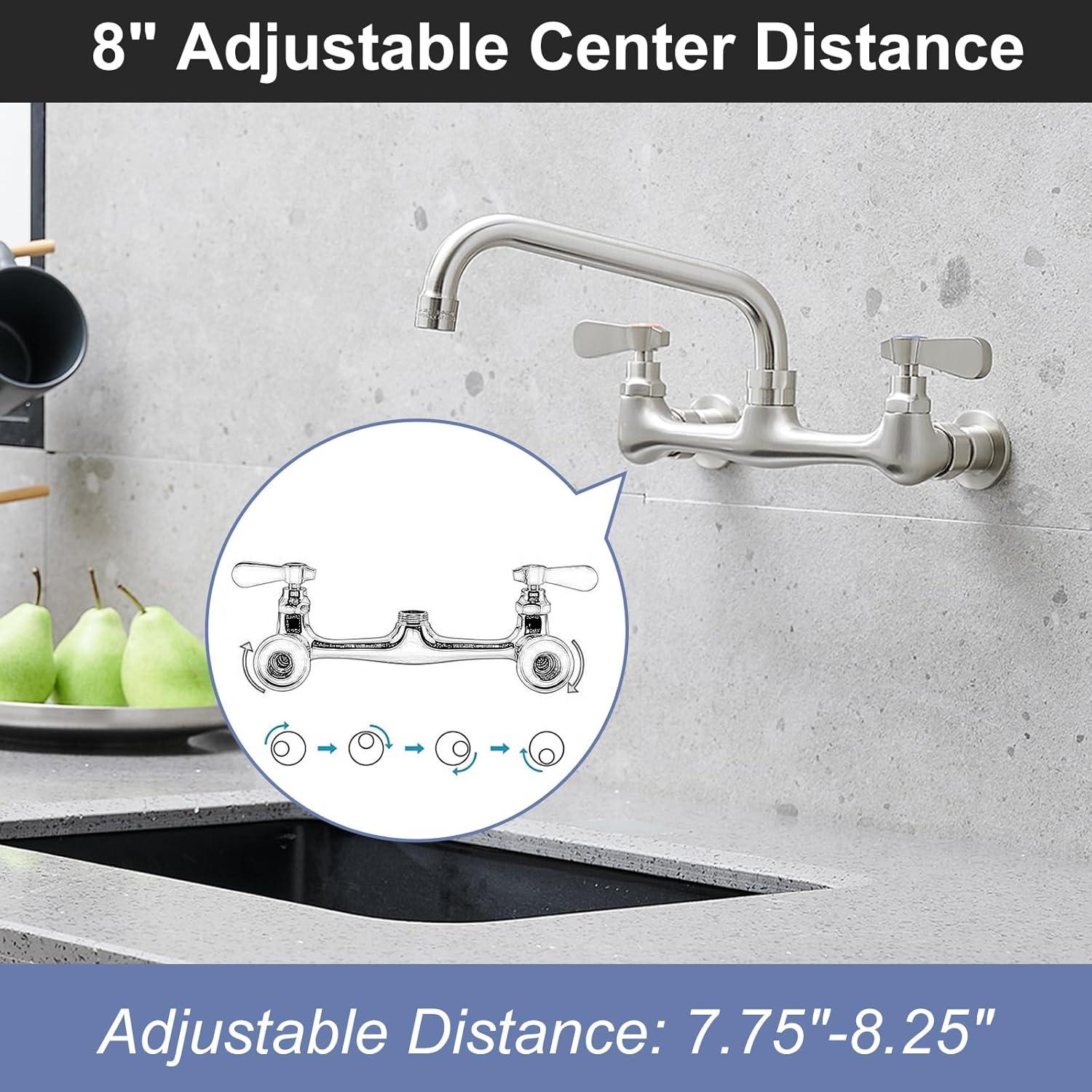 BWE Double Handles Wall Mount Modern Standard Kitchen Faucet With 8 Inch Swivel Spout 8" Center