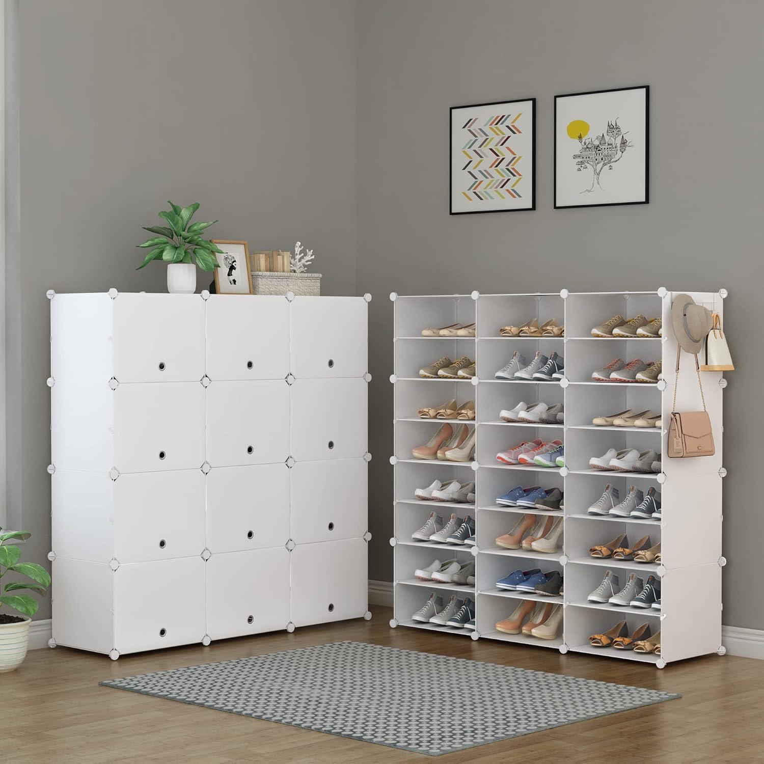 White Freestanding Metal and Plastic Shoe Storage Cabinet with 12 Doors