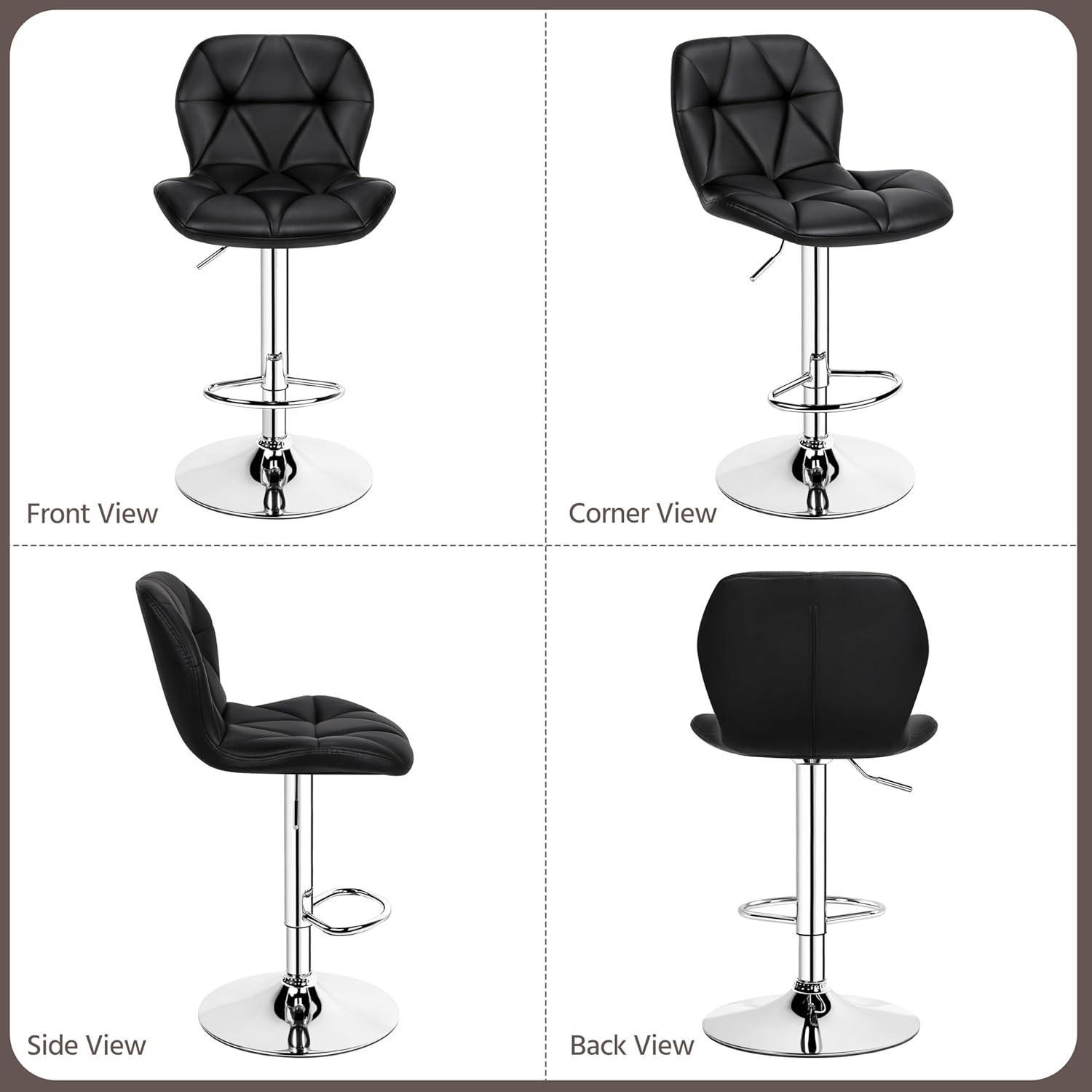 Modern Black Faux Leather Adjustable Swivel Bar Stools, Set of 2