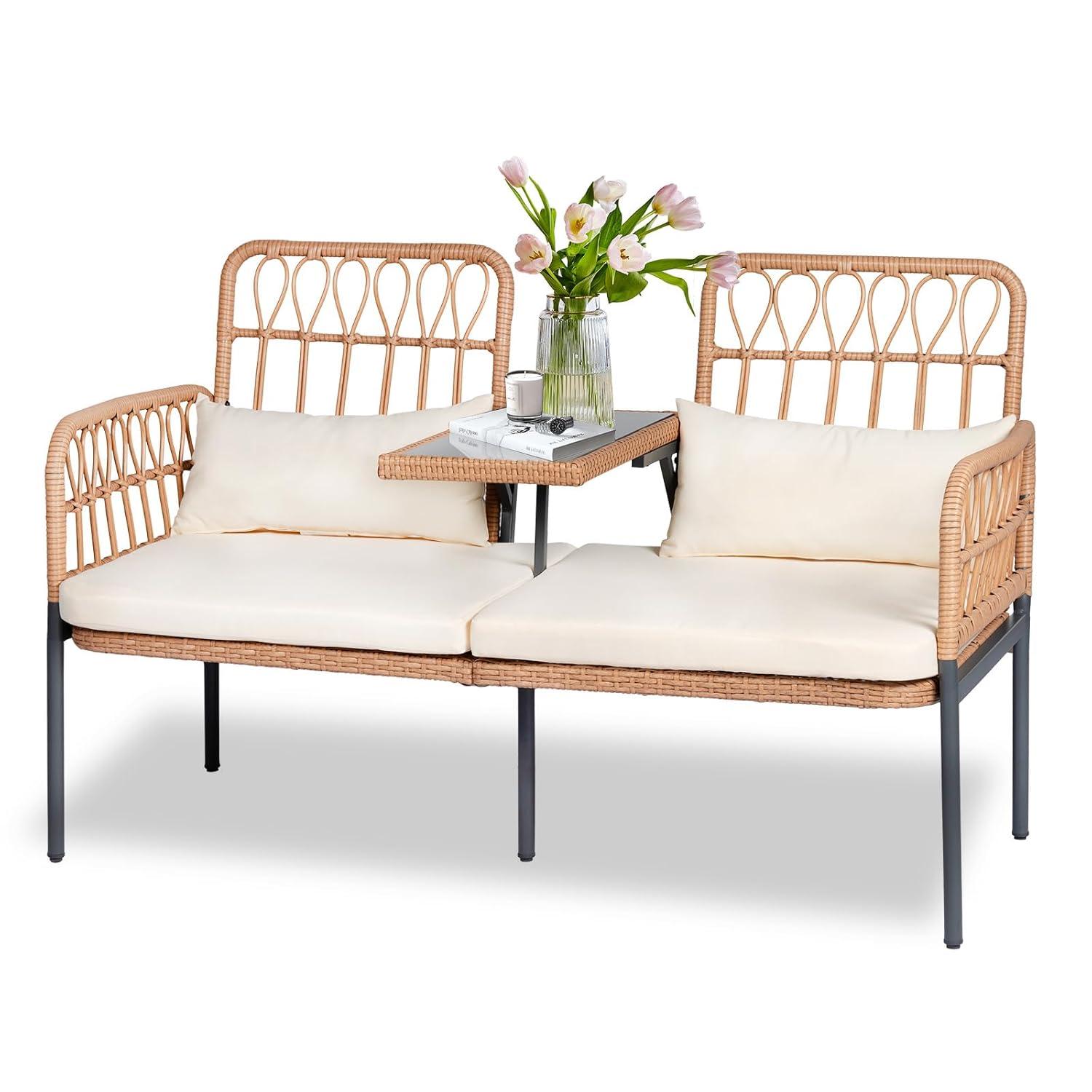 Outdoor Loveseat 2 Pieces Patio Furniture Set, Porch Furniture Wicker Large Loveseats, Patio Conversation Sets with Cushions & Lumbar Pillows and Built-in Table