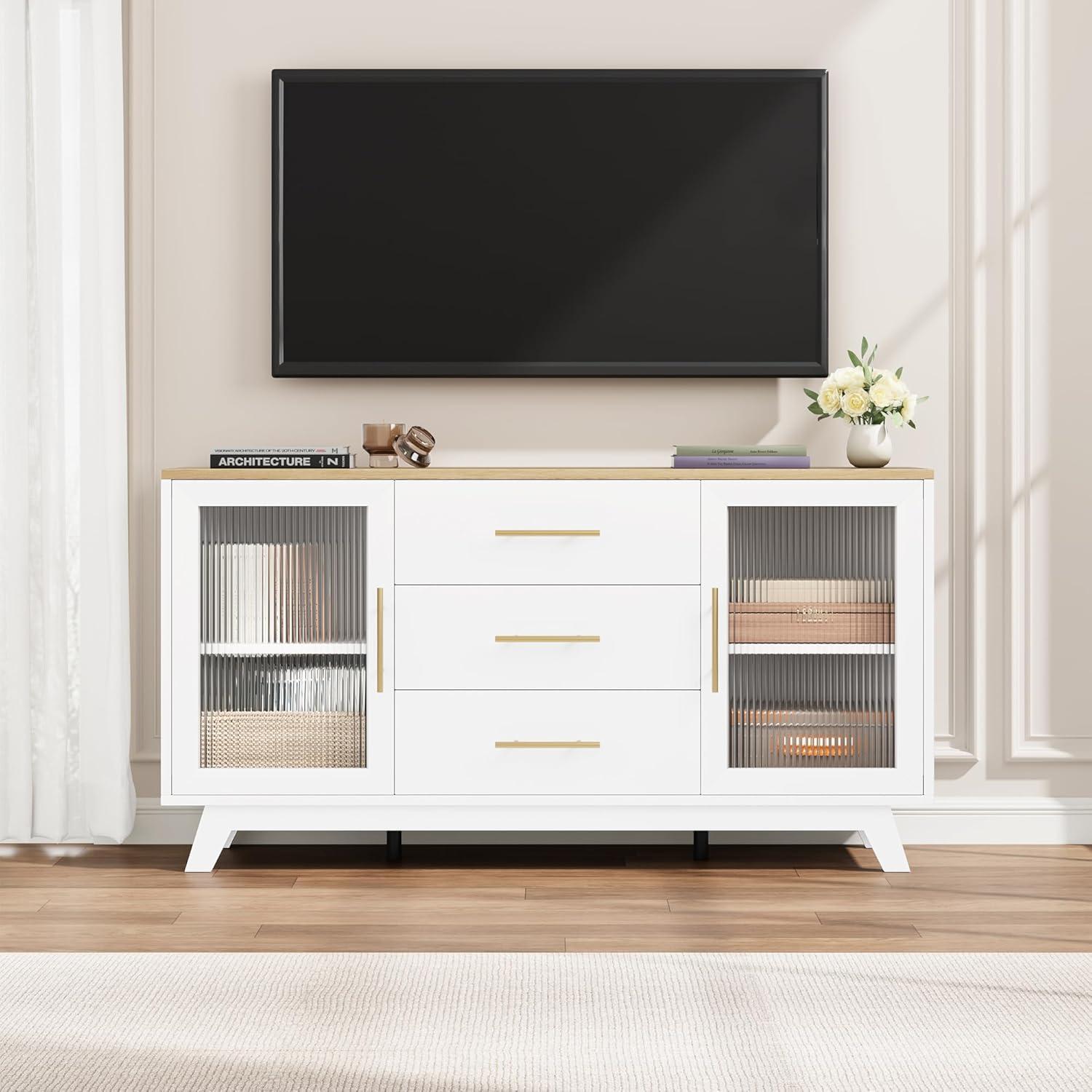 56" White Sideboard Buffet Cabinet with Natural Top and Fluted Glass Doors