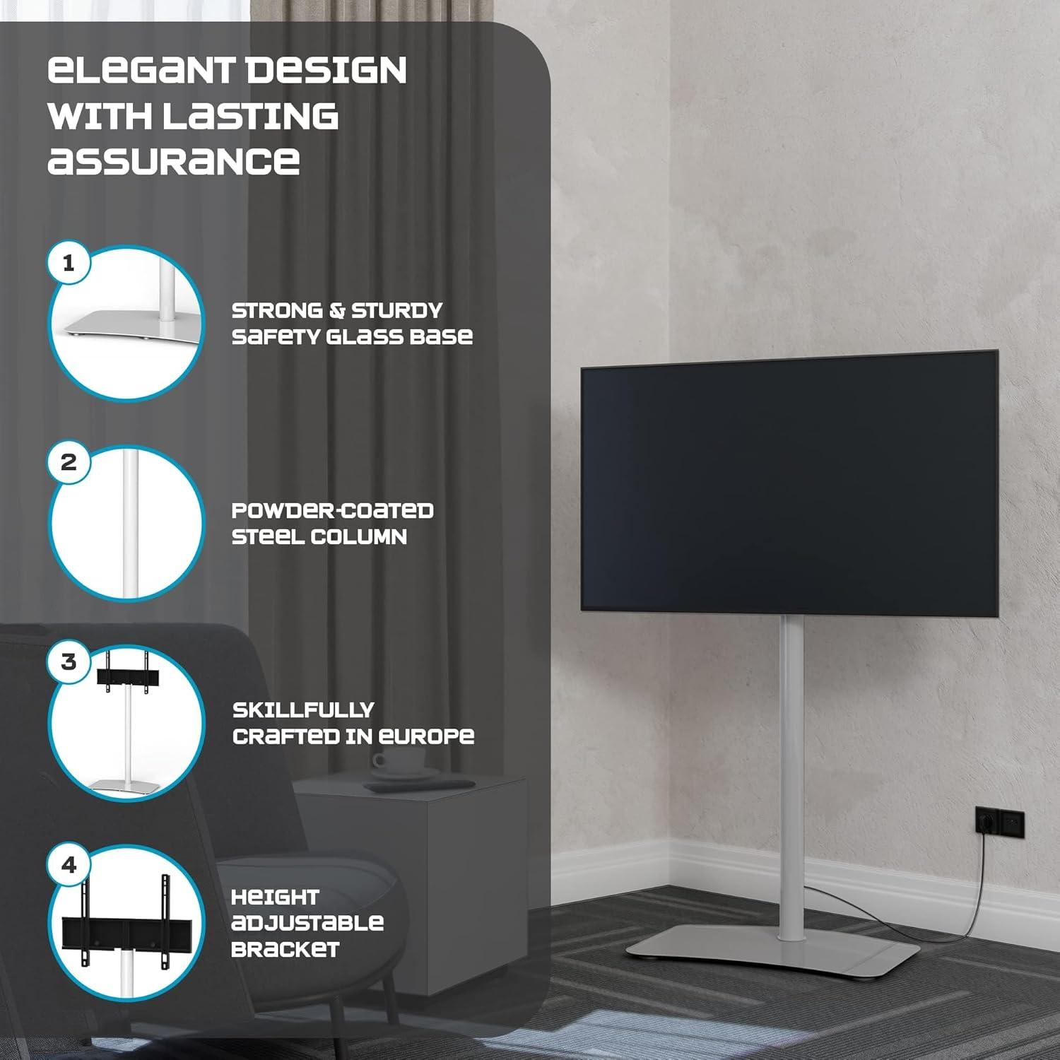 SONOROUS TV Stand PL2800 WHT for Up to 65 Inches TV - Floor Stand TV Bracket for LCD, LED & Flat Screen - Fixed TV Stand with Tempered Glass Base, 45 Degree Swivel & Wire Management - White