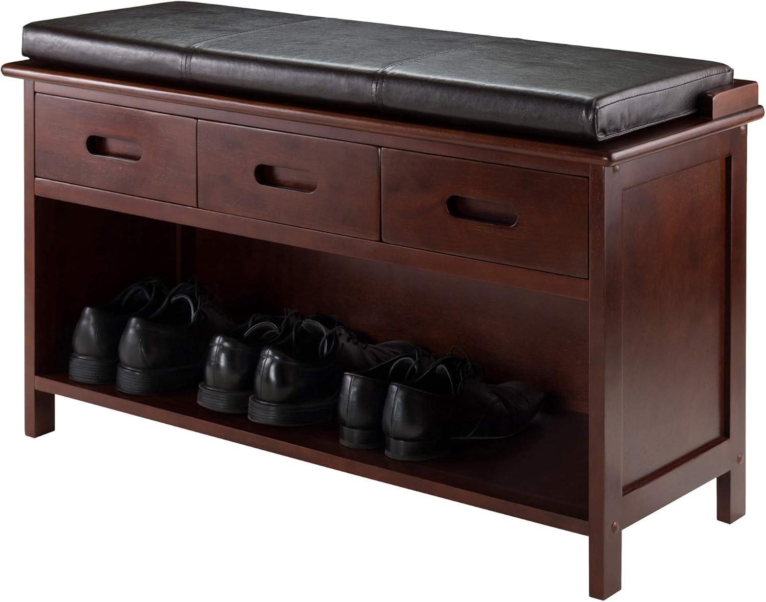 Adriana Entryway Storage Bench with Cushion Walnut - Winsome: Solid Wood, 3 Drawers, Faux Leather