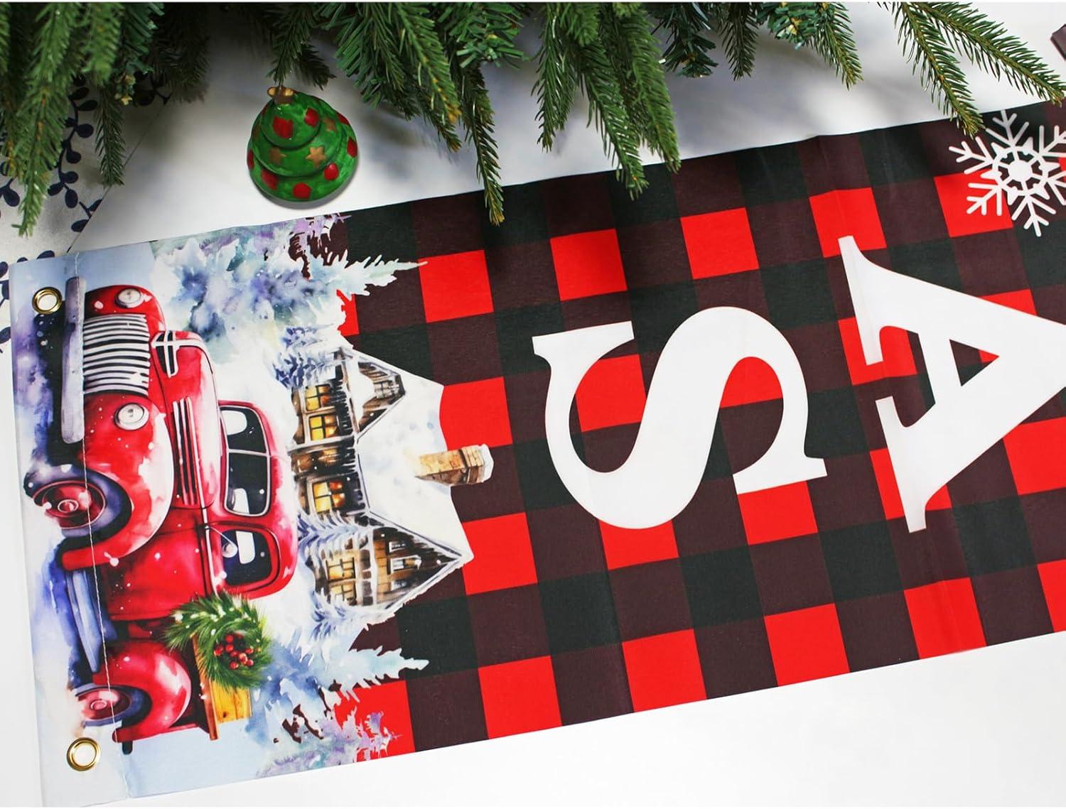 Christmas Decorations Outdoor Yard Front Porch Sign Set, Red Black Buffalo Plaid Door Banner, Hanging Merry Christmas Decorations for Home, Indoor Outdoor Xmas Decor Wall Front Door Yard Garage