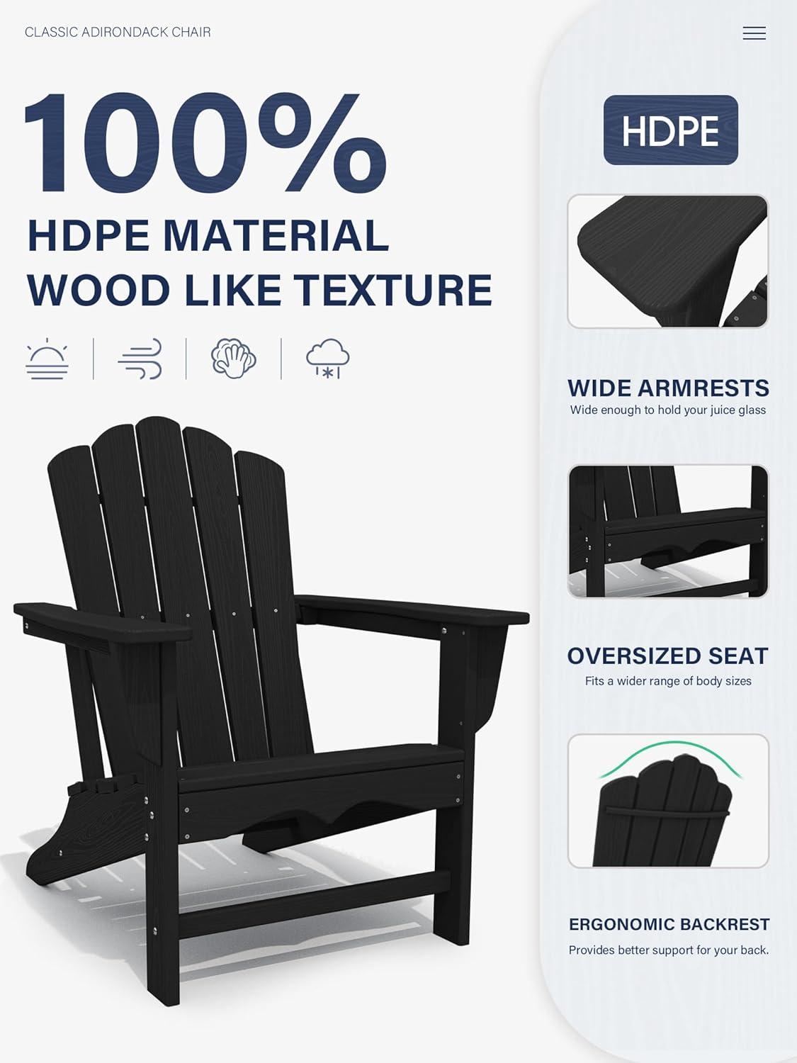 Black HDPE Classic All-Weather Adirondack Chair with Arms