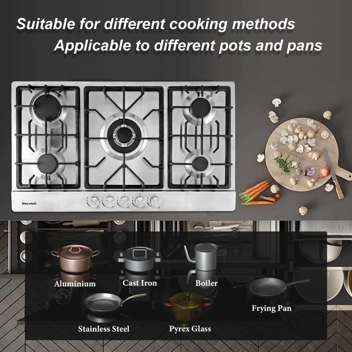 34" Dual Fuel 5 Burner Gas Cooktop with Dual Size Power Burner, Stainless Steel Gas Stove
