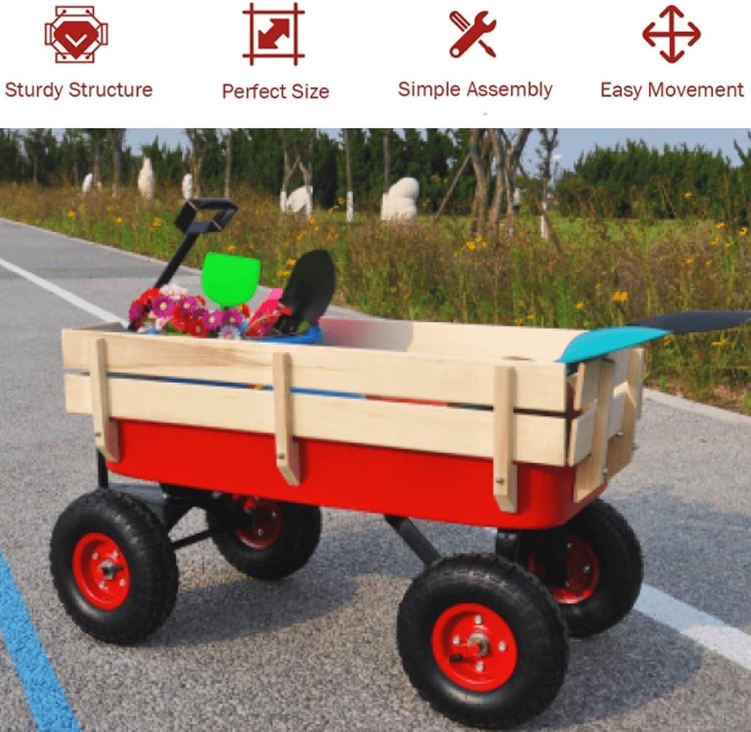 All Terrain Wagons for Kids Wagon with Removable Wooden Side Panels, Garden Wagon with Steel Wagon Bed, Folding Wagons for Kids/ Pets with Pneumatic Tires, Red