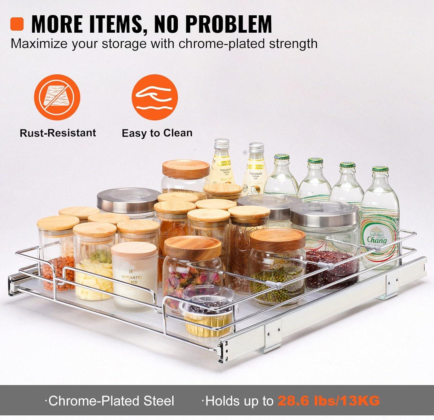 VEVOR 14"W x 21"D Pull Out Cabinet Organizer, Heavy Duty Slide Out Pantry Shelves, Chrome-Plated Steel Roll Out Drawers, Drawer Storage for Home, Inside Cabinet, Bathroom, Under Sink, 15"x22" Install