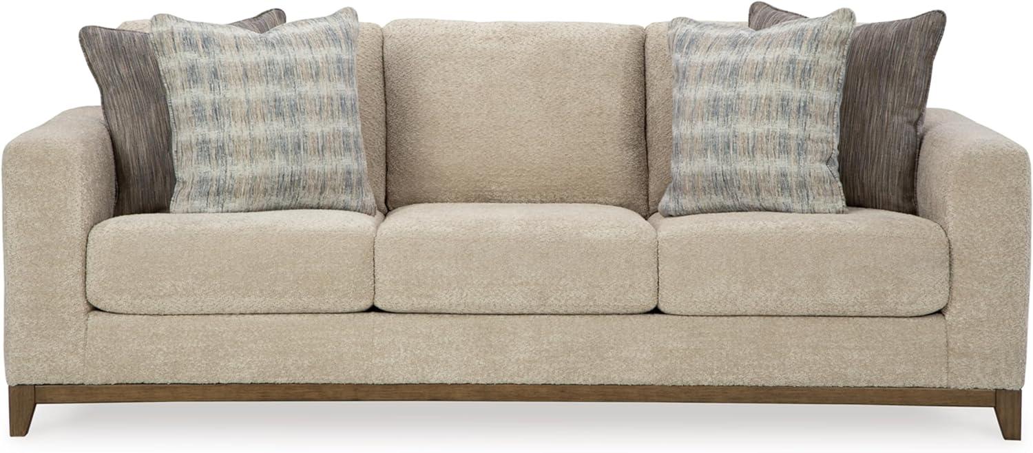 Beige Fabric Stationary Sofa with Wood Trim