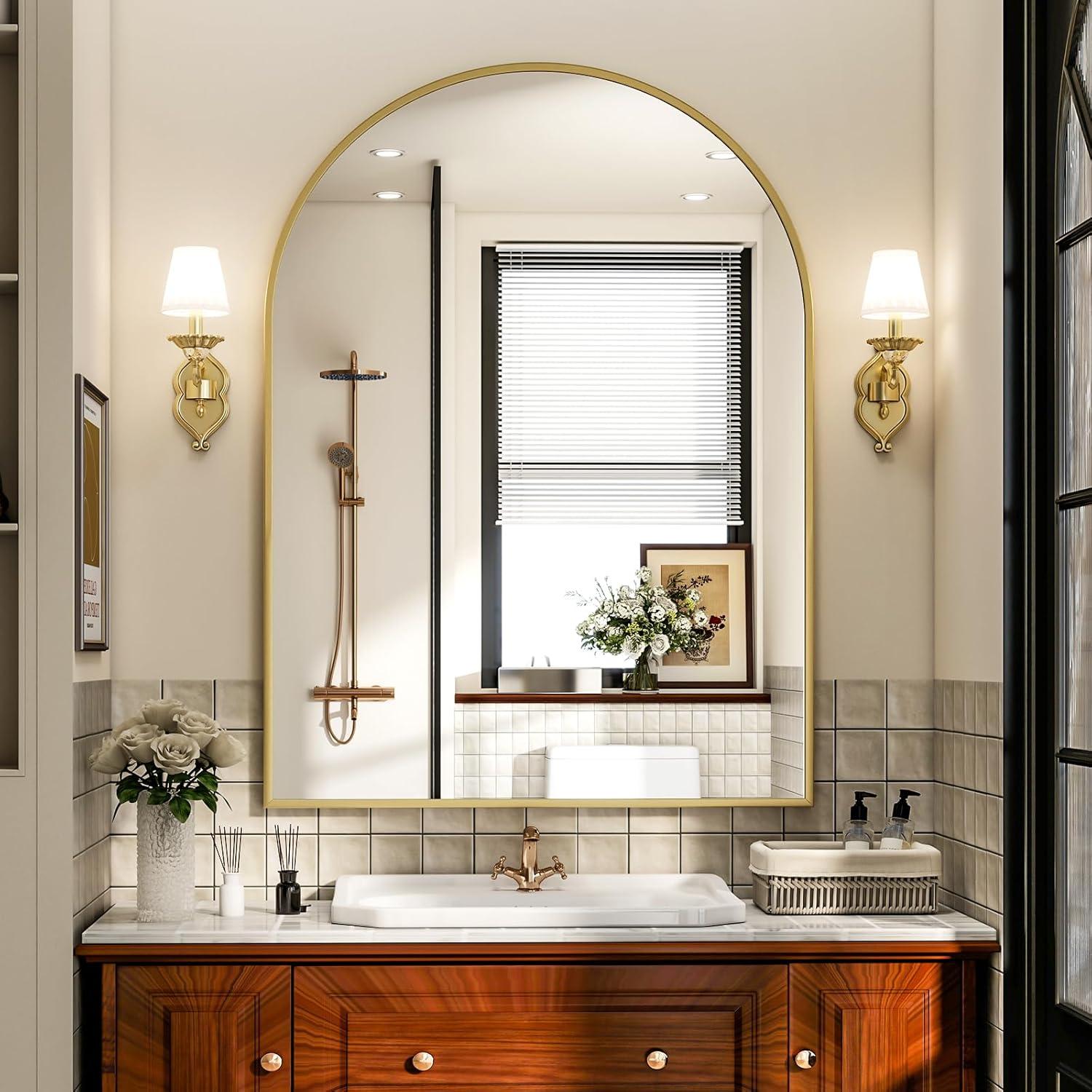 Luxhomez 36" x 24" Arch Wall Mirror for Vanity/ Bathroom, Metal Bathroom Mirror with Waterproof Aluminum Alloy Frame, Gold