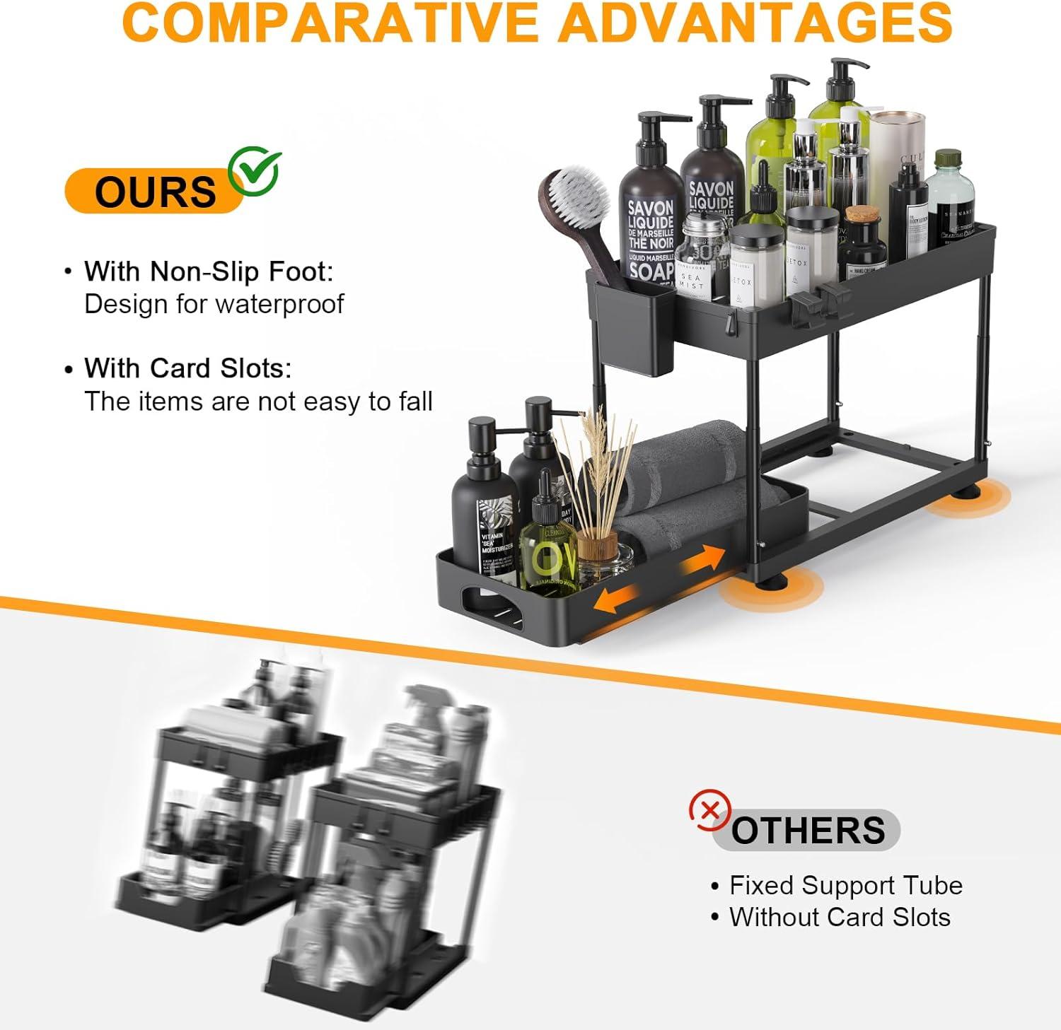 Rebrilliant Under Sink Organizers And Storage, 2 Pack Height Adjustable Bathroom Cabinet Organizer, 2 Tier Sliding Under Sink Organizer, Sturdy Pull Out Bathroom Storage, With 12 Hooks & Hanging Cups, Black