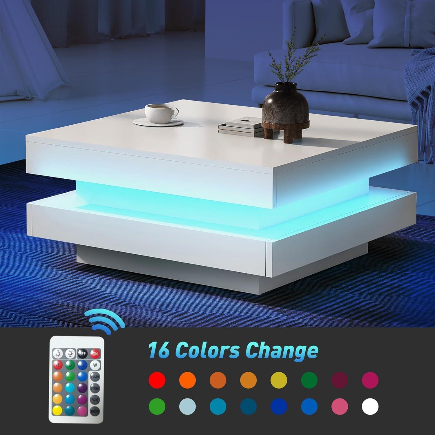 Historyli Go5H 2-Tier Square Coffee Table With LED Lights Center Sofa Table Multifunctional Cocktail Table For Living Room Dining Room Bedroom (31.5''x31.5''x14.2'' )