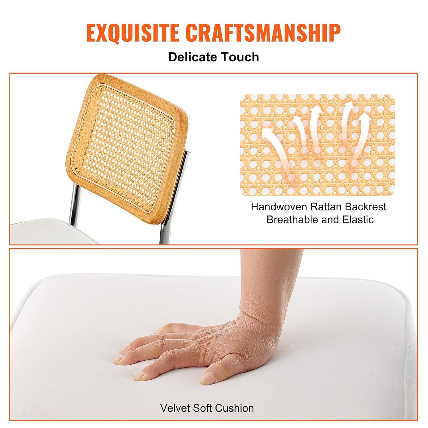 VEVOR Rattan Chairs Set of 2, Mid Century Modern Dining Chair, Upholstered Velvet Accent Chair with Rattan Back, Retro Kitchen Chair for Living Room, Bedroom (18.1 Inch)