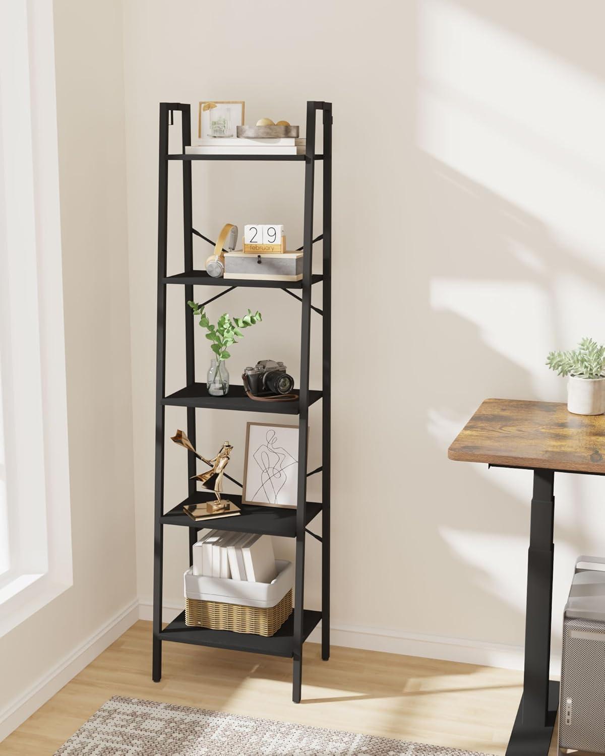 Black Industrial 5-Tier Ladder Corner Bookshelf with Hooks