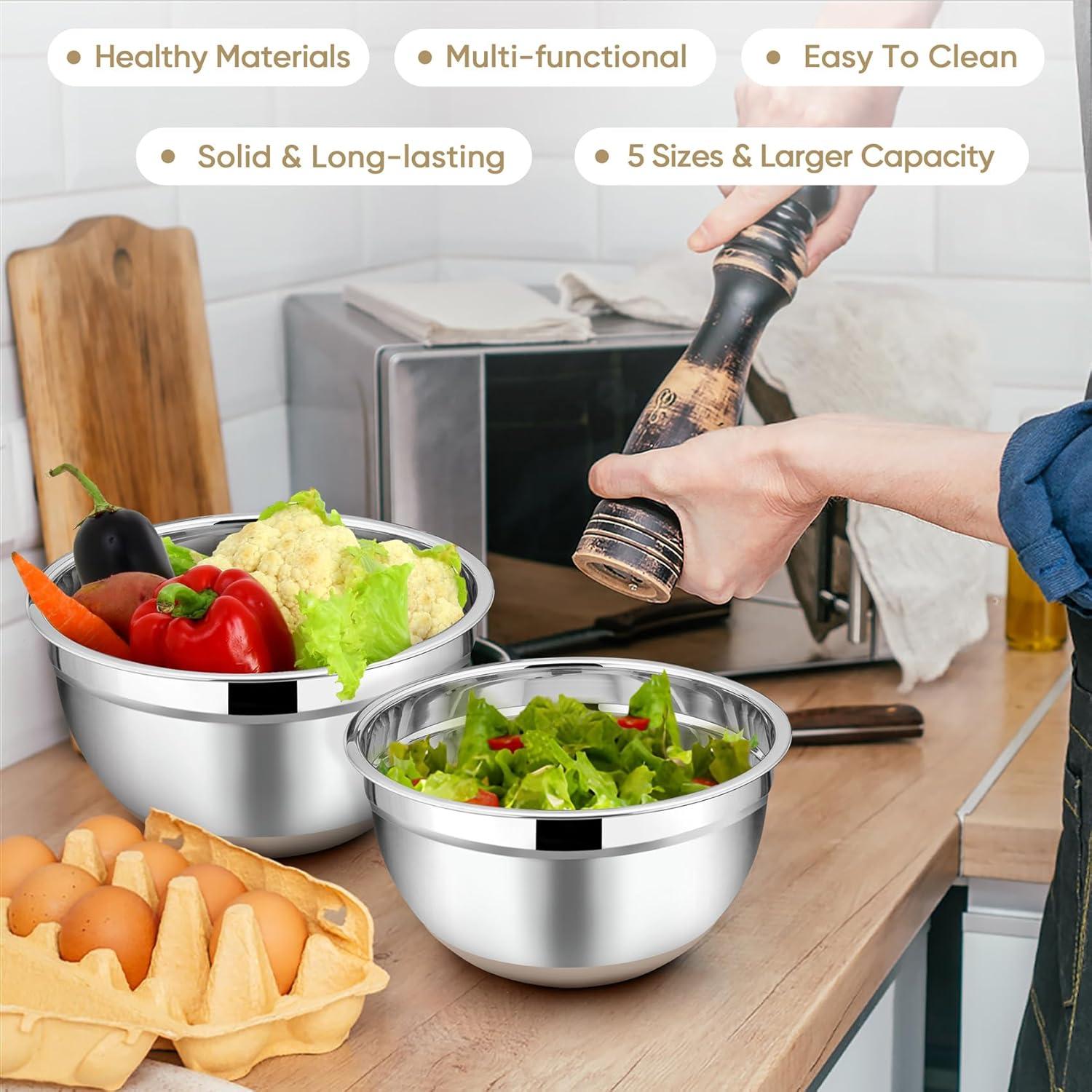 Toledo Bath & Kitchen Stainless Steel Mixing Bowls With Lids, 5-Pack Metal Nesting Bowls With Airtight Covers For Cooking, Baking, Serving, Storage, Non-Toxic & Dishwasher Safe, Size 4.6/3/1.5/1/0.7QT - Khaki